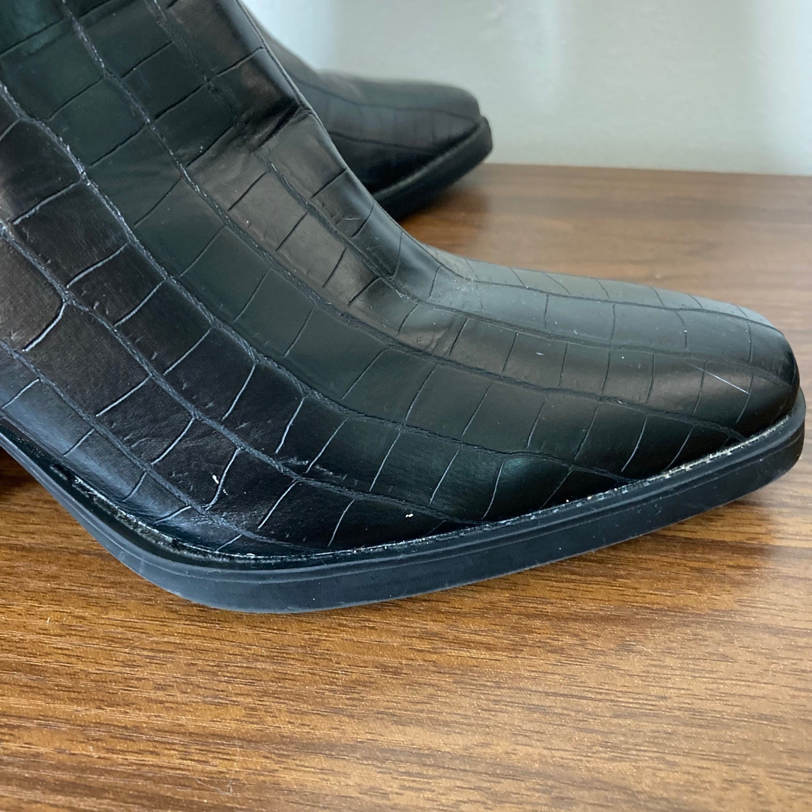 Croc Embossed Square Toe Block Heel Black Ankle Boot 40 Truffle Collection Moto