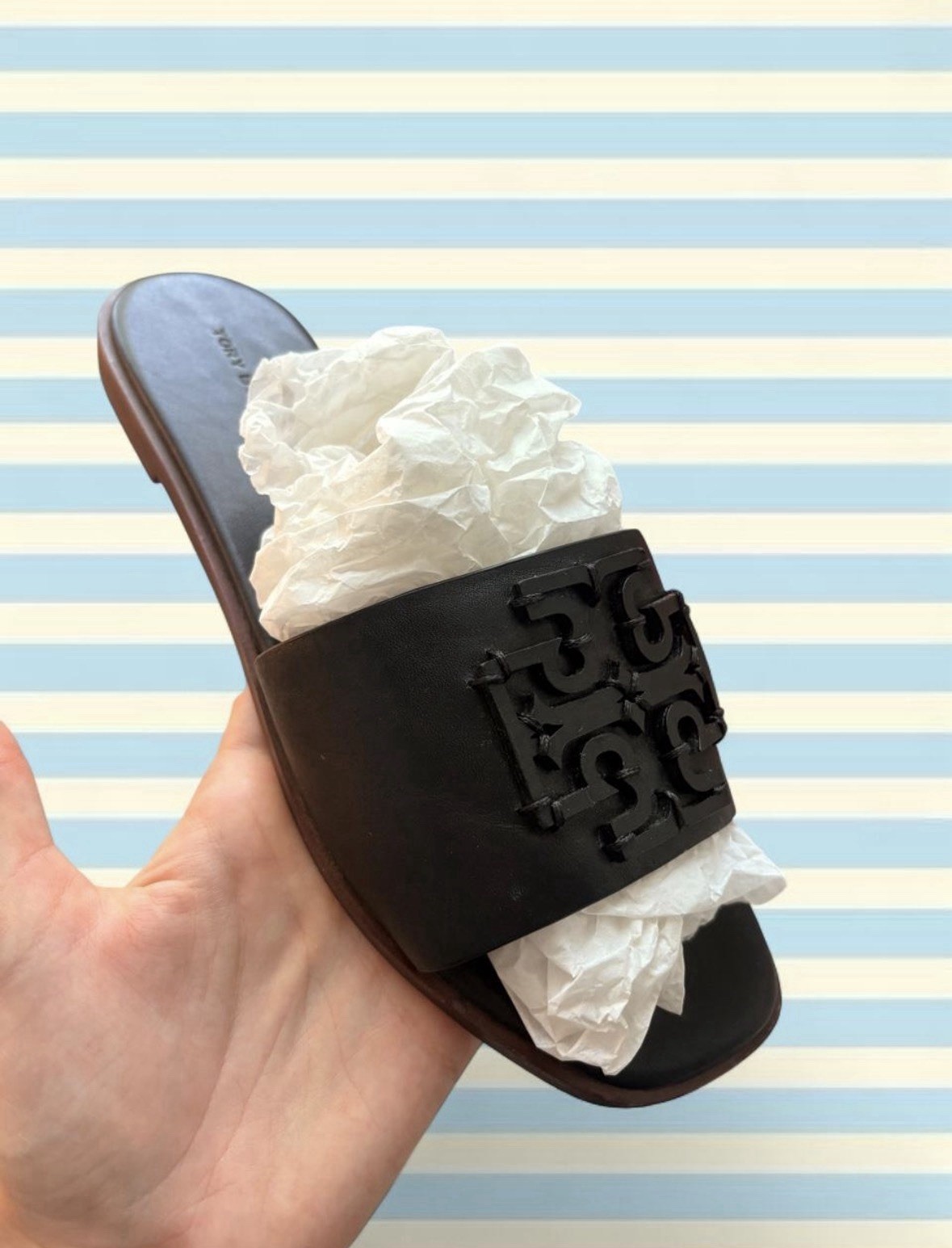 Tory Burch Black Leather Logo Slide Sandals Women’s US 8 Slip-On