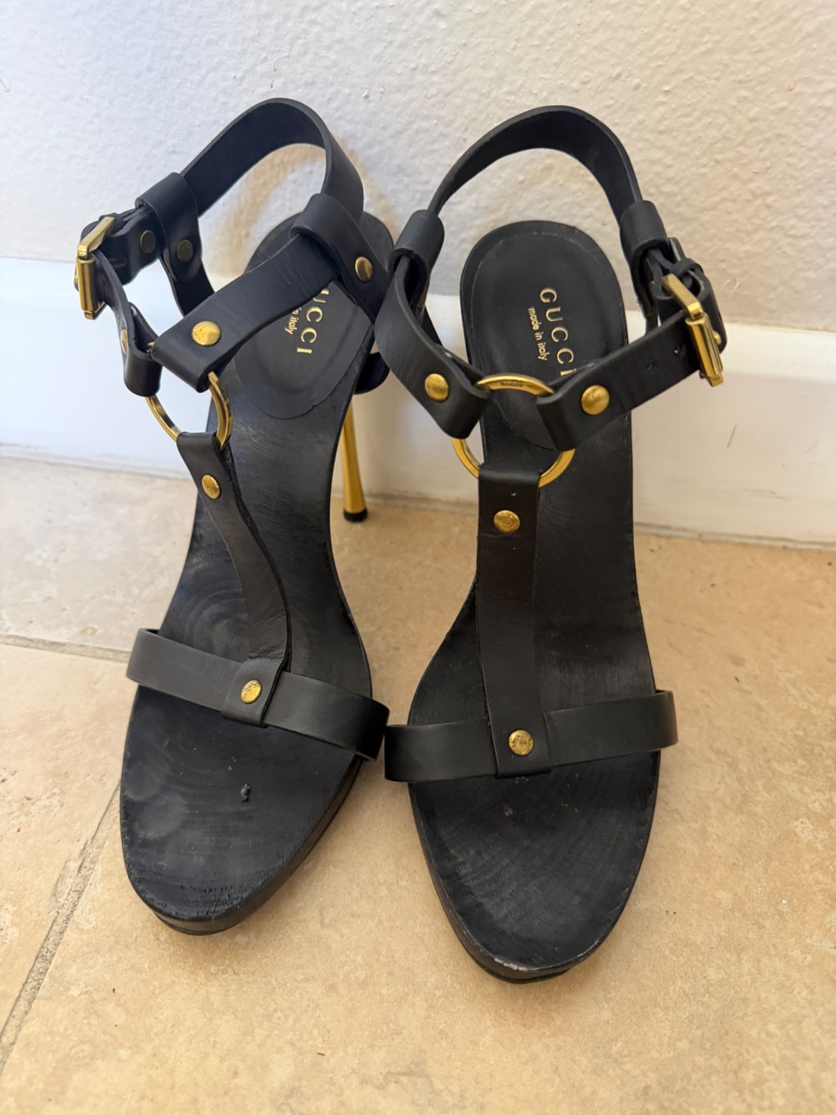 Gucci Black Leather Gold O-Ring Stiletto Sandals Size 37