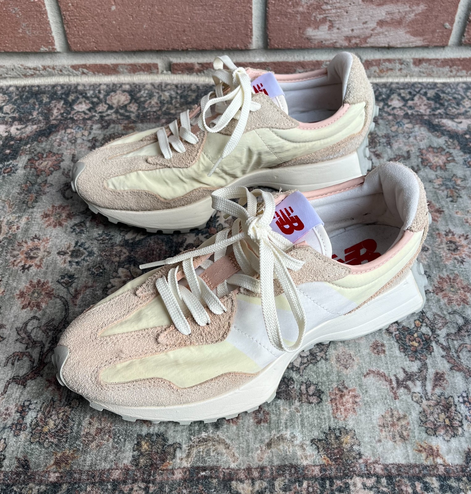 New Balance 327 Split Color Yellow Pink Suede Sneakers / Size Women 8.5 Men 7