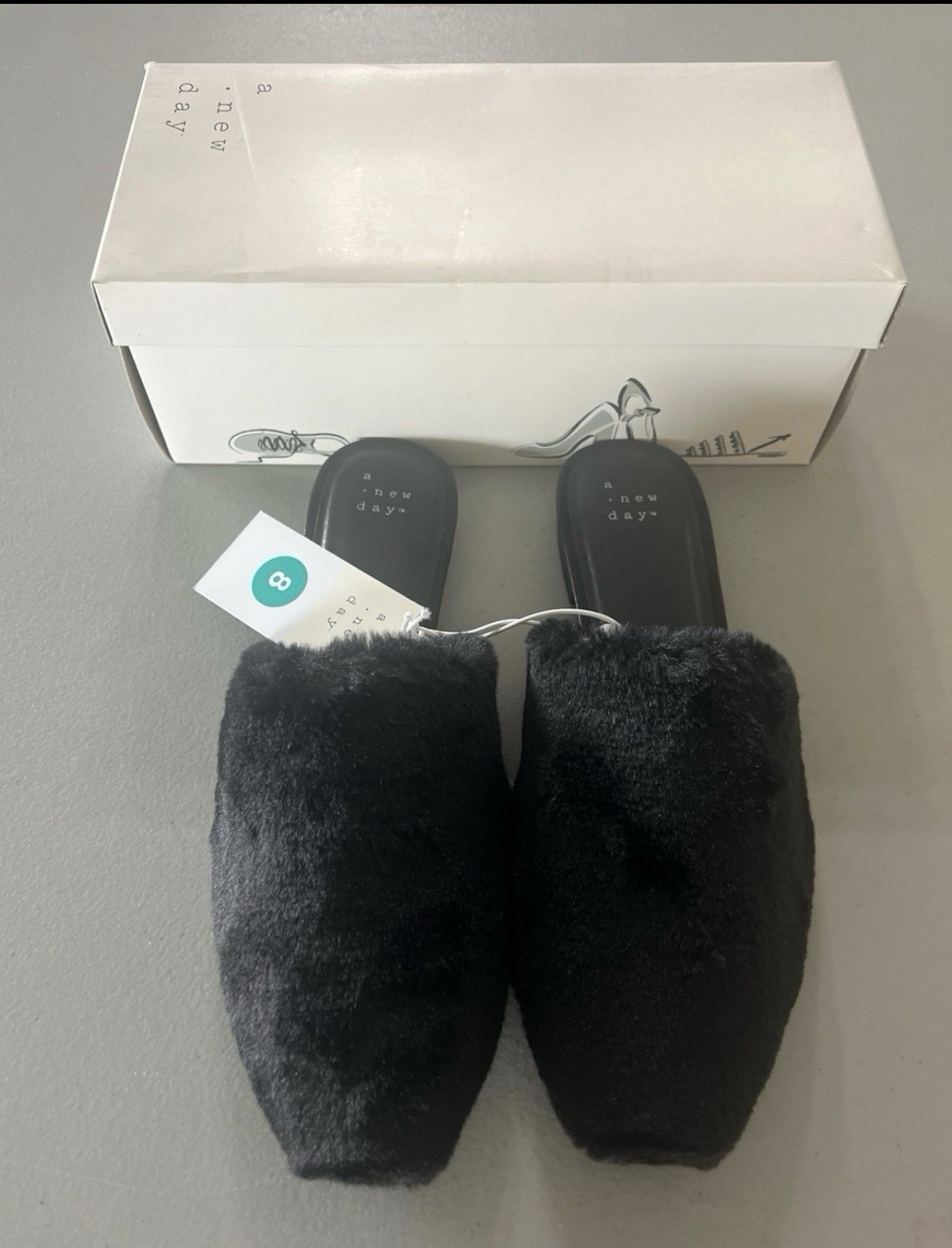 A New Day Women’s Black Faux Fur Flats Memory Foam Slip-On Closed Toe Size 8