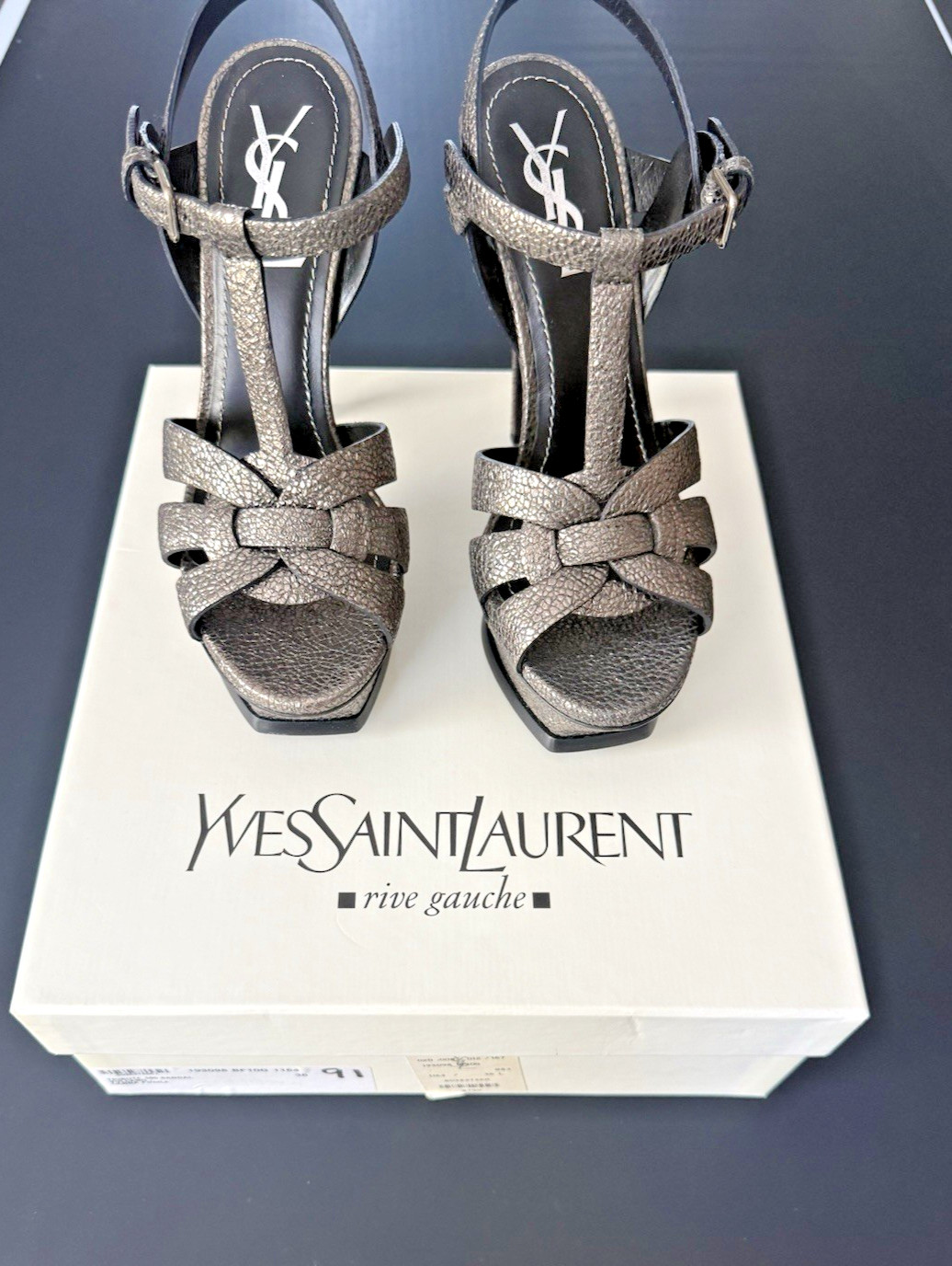 Saint Laurent YSL Metallic Tribute Platform Heels Sandals Gunmetal EU 36 US 6