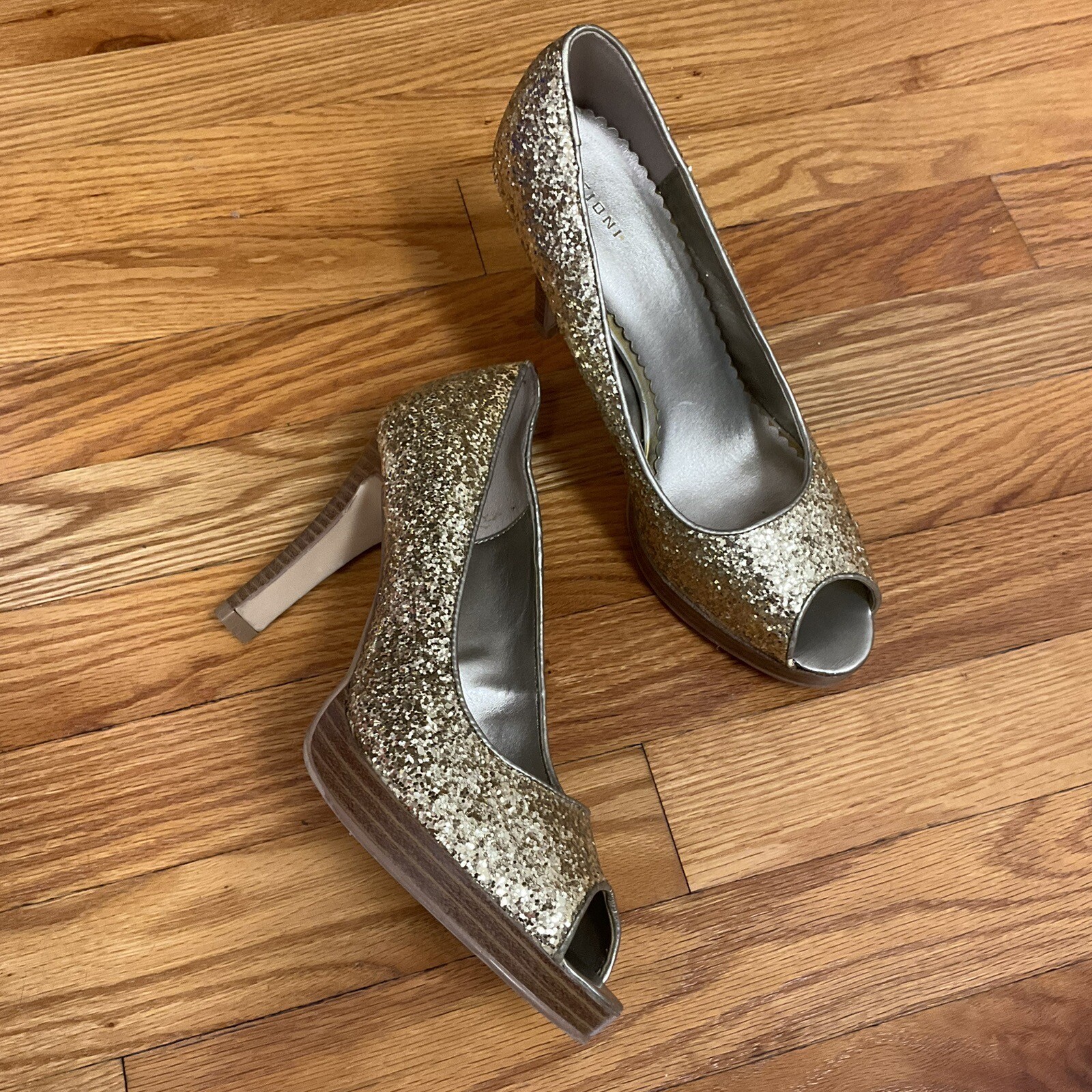 FIONI sz 8 Peep Toe Sparkle Gold Glitter Platform Cocktail Party Heels