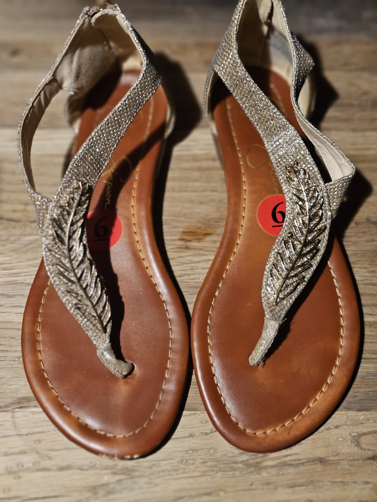 Jessica Simpson Gold/Sparkle, Feather Hardware Flats, Thong, Zip Back, Sz. 6