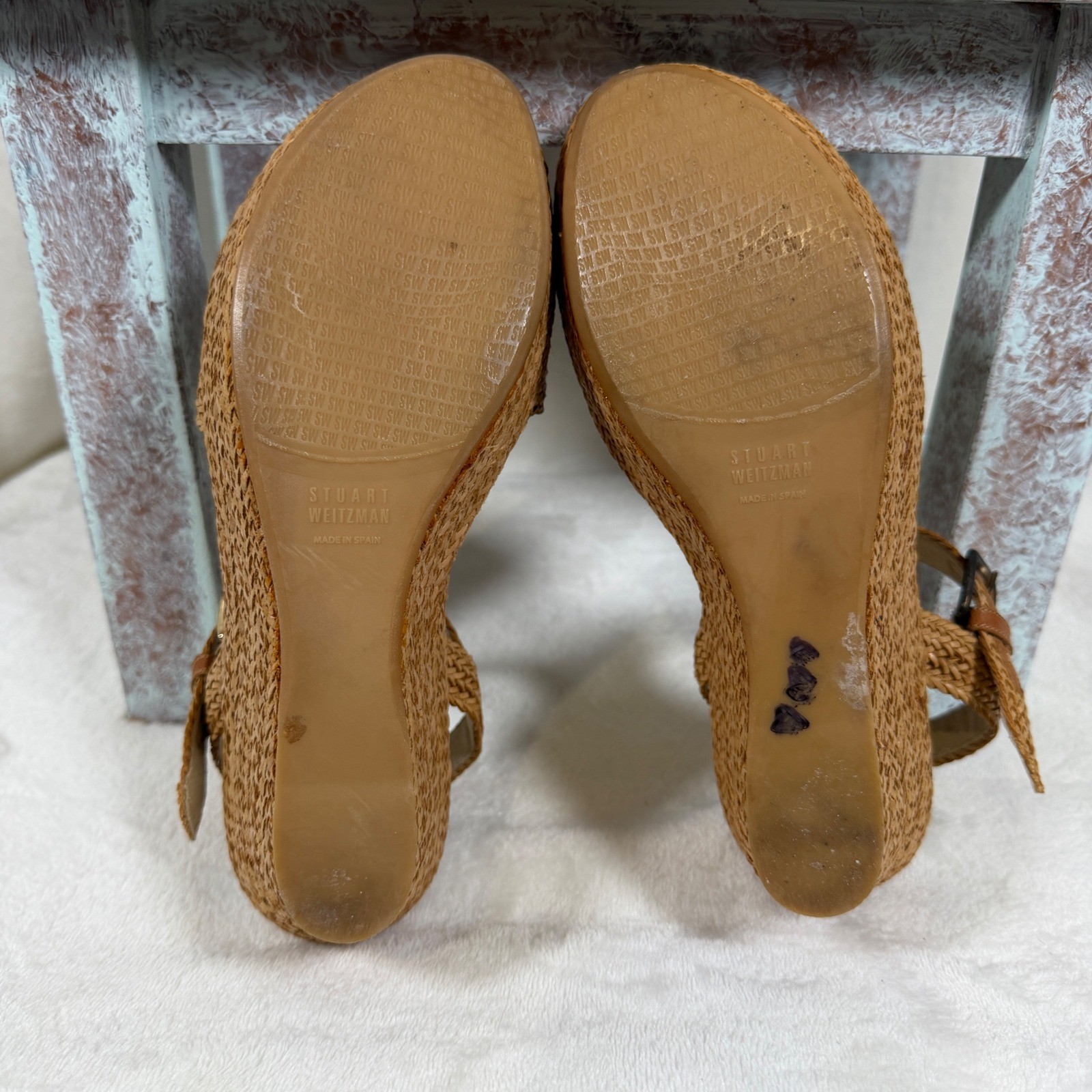 Stuart Weitzman Barbados Wedge Sandals Women 5.5 Tan Woven Platform Ankle Strap