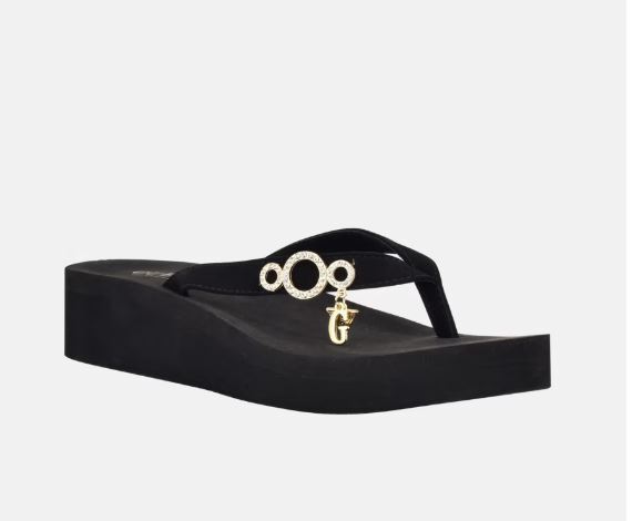 NEW BLACK GUESS WEDGE FLIP FLOPS GOLD CHARMS MARTS PLATFORM SIZES 5,6,7,8,9,10