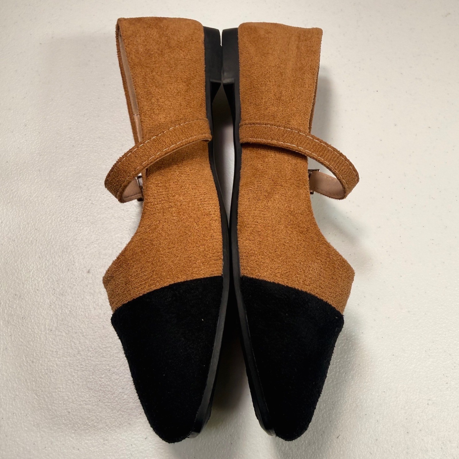 Two Tone Mary Jane Flats Cognac Black Cap Toe Square Toe Buckle Shoes Size 38