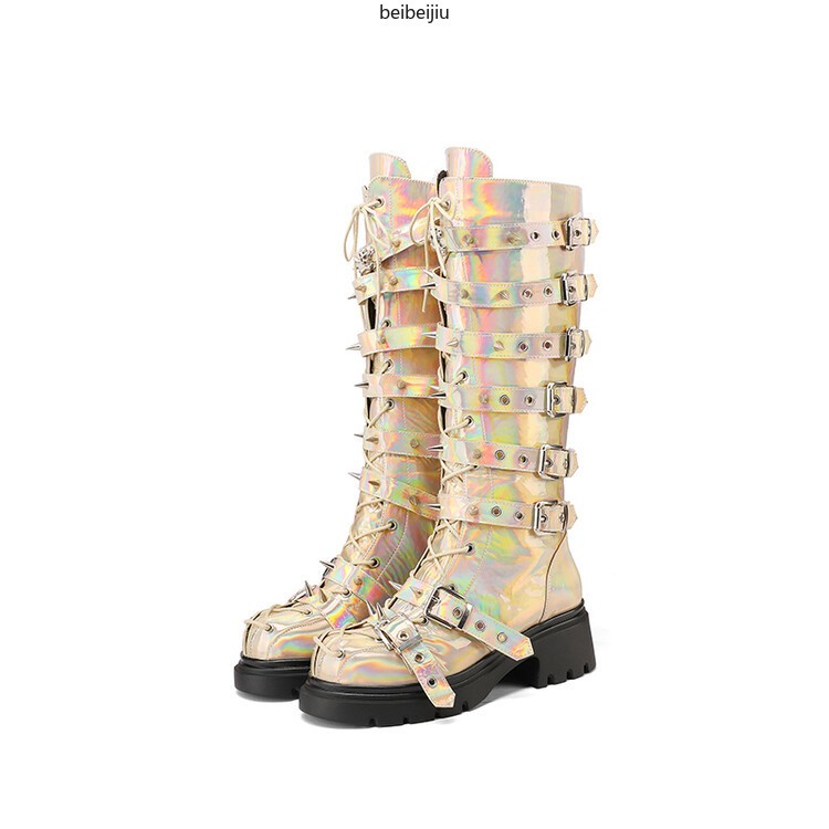 Women’s Punk Cosplay Mid Calf Boots Spike Studded Mid Block Heel Buckle Shoes Sz