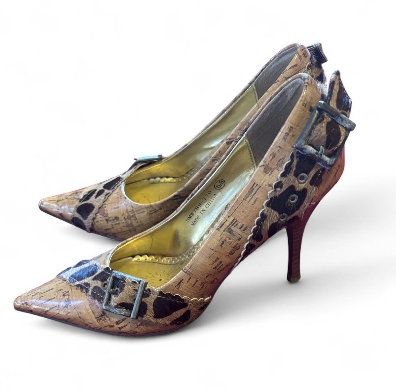 Naughty Monkey Cork Board Print Stiletto Heels Giraffe Print Buckle Size 6.5