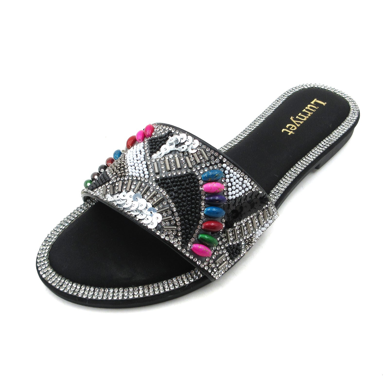 Women’s Beaded Slid Sandal Crystal Rhinestone Embellished Multi-Color Gemstone