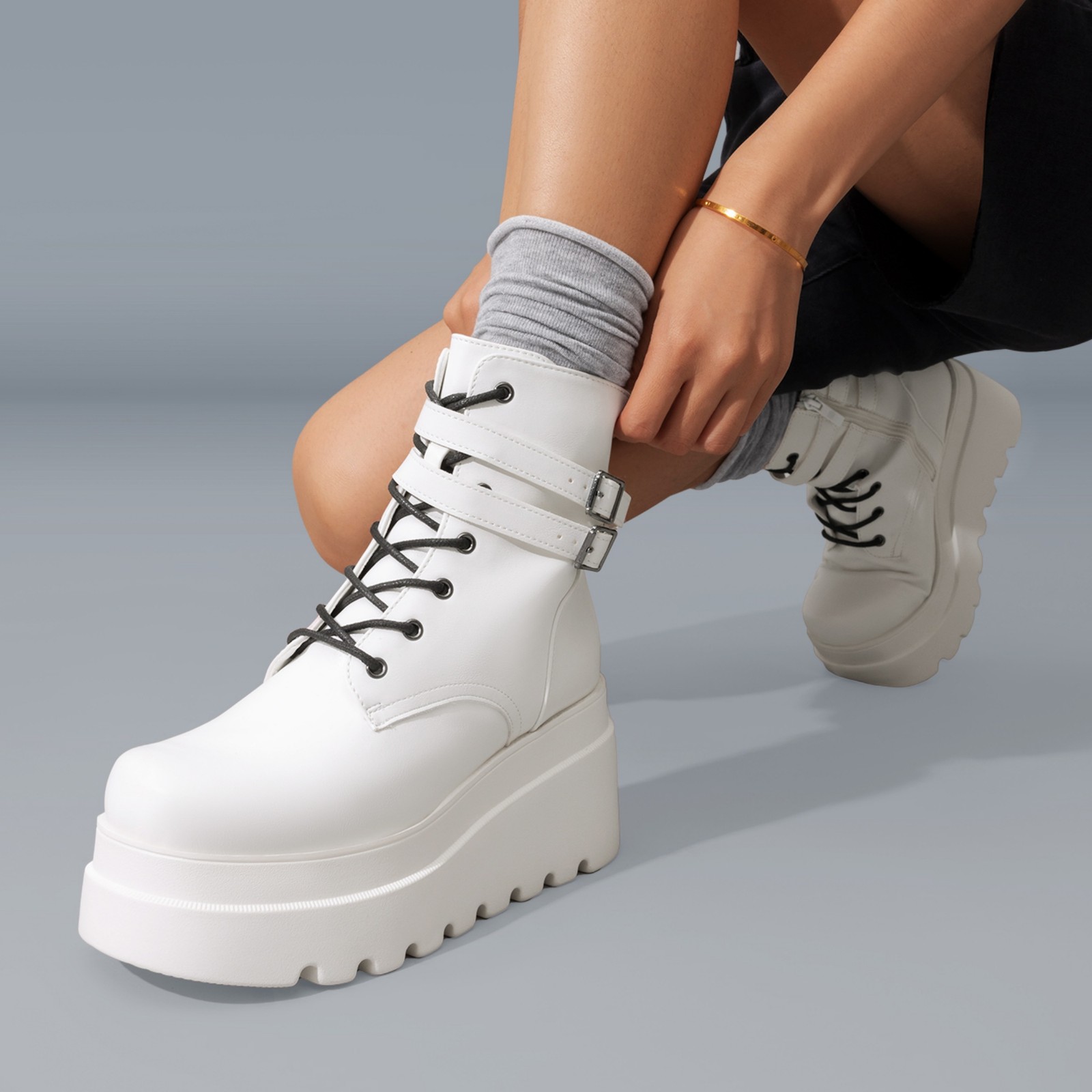 Women Platform Combat Ankle Boots 3.5inch High Heel Lace Up Fall Winter Boots