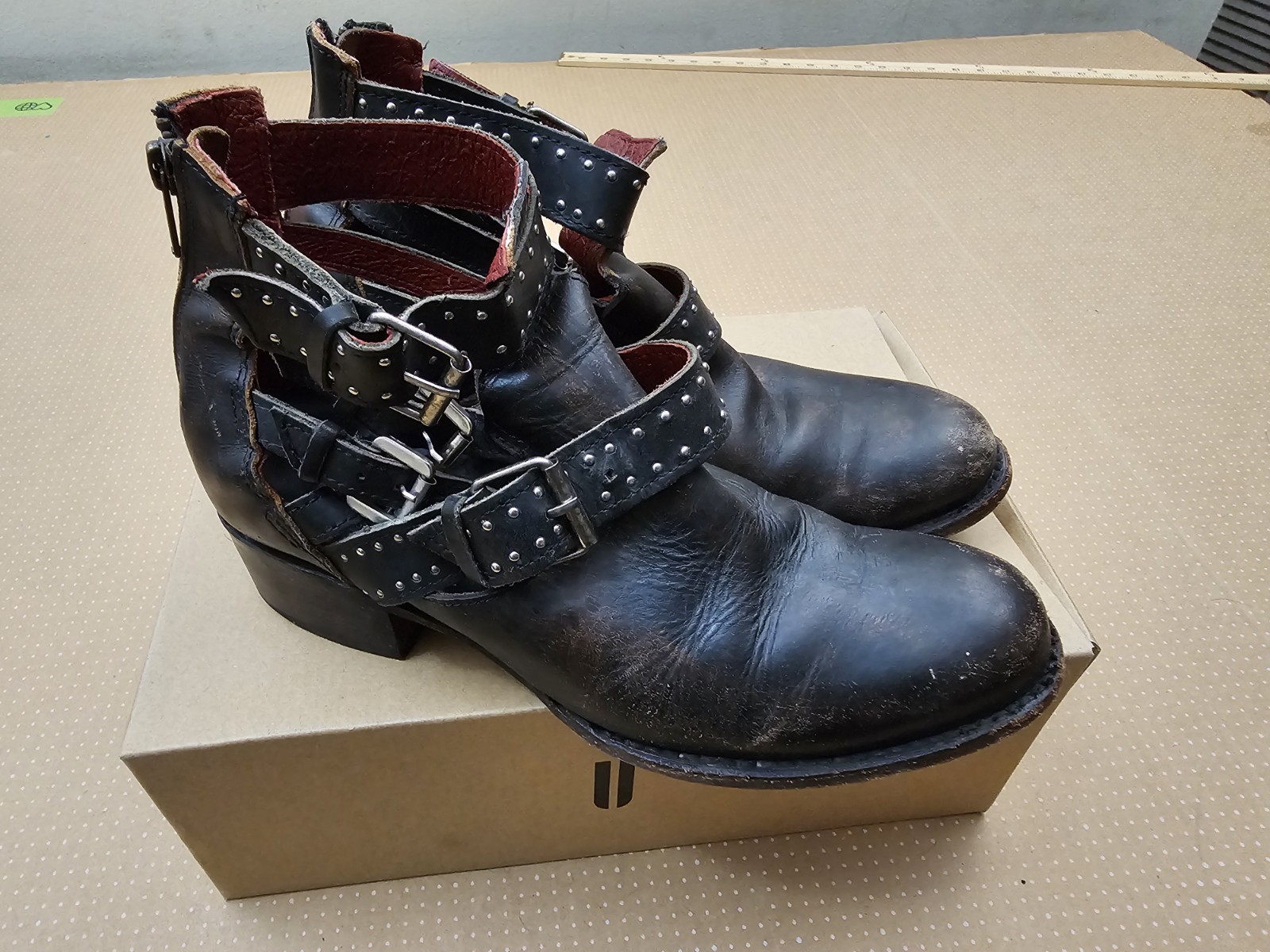 Freebird By Steven Belgium Studs Buckle Leather Ankle Black Booties Women, 8