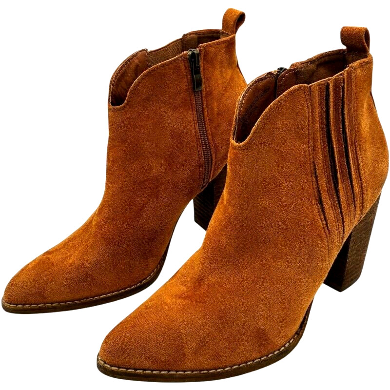 beast fashion women’s camel suede 3.5 in heeled zip-up booties size 8.5 – EUC