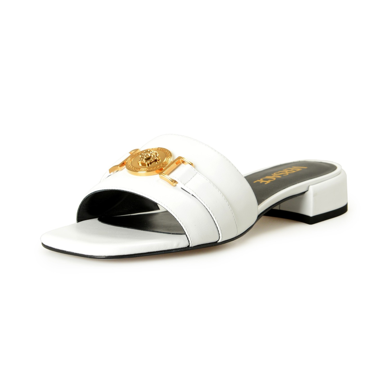Versace Women’s White Leather Gold Color Medusa Sandals Mules Shoes US 6 IT 36