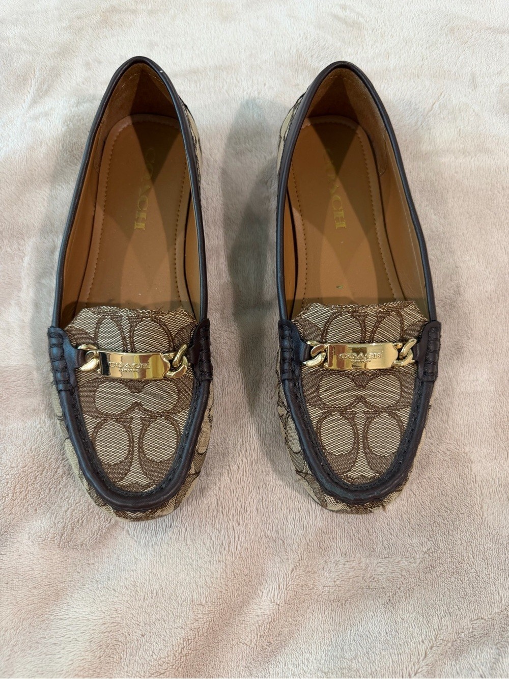 Coach Brown Signature Monogram Loafers with Gold Accent Size 6.5
