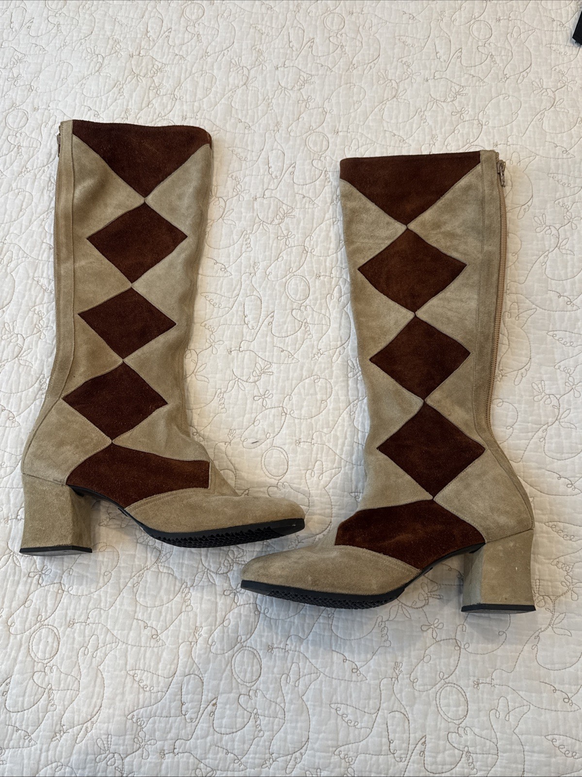 Vtg Flamenco Spain Suede Patchwork High Heel Boots Women’s 7.5 Brown Tan Leather