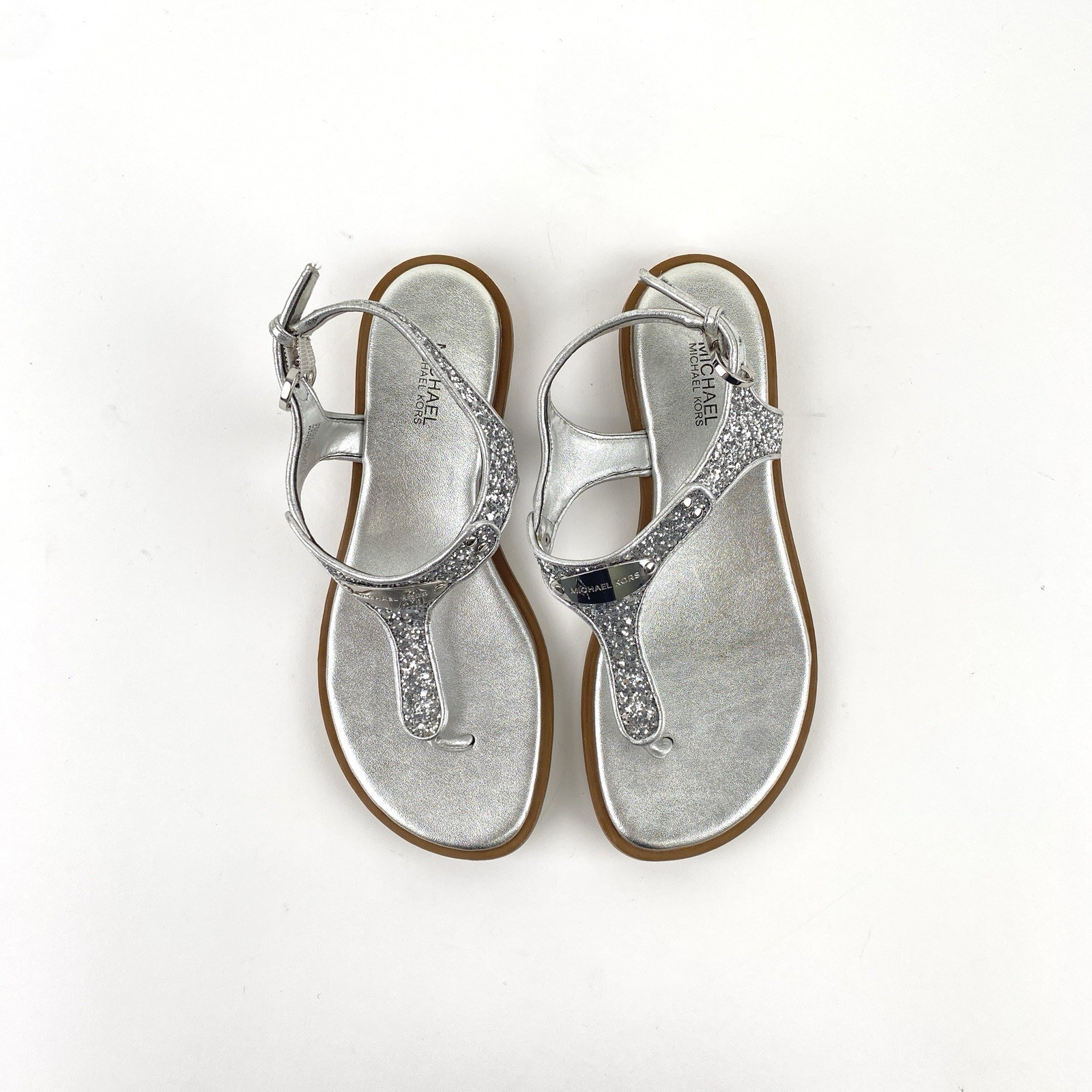Michael Kors MK Plate Silver Glitter Thong Ankle Strap Sandals Women’s Size 6.5M
