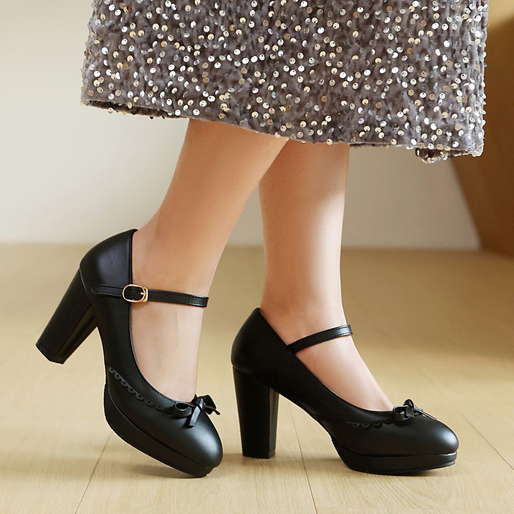 Women’s Block Heel Buckle Bow Mary Jane Casual Pump Sweet Ankle Strap Work Shoes
