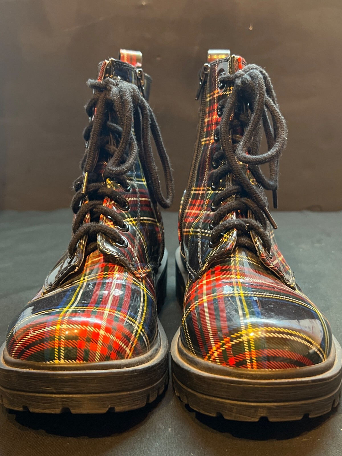 SODA Red & Yellow Plaid High-Gloss Combat Boots With Side Zipper & Lace-Up