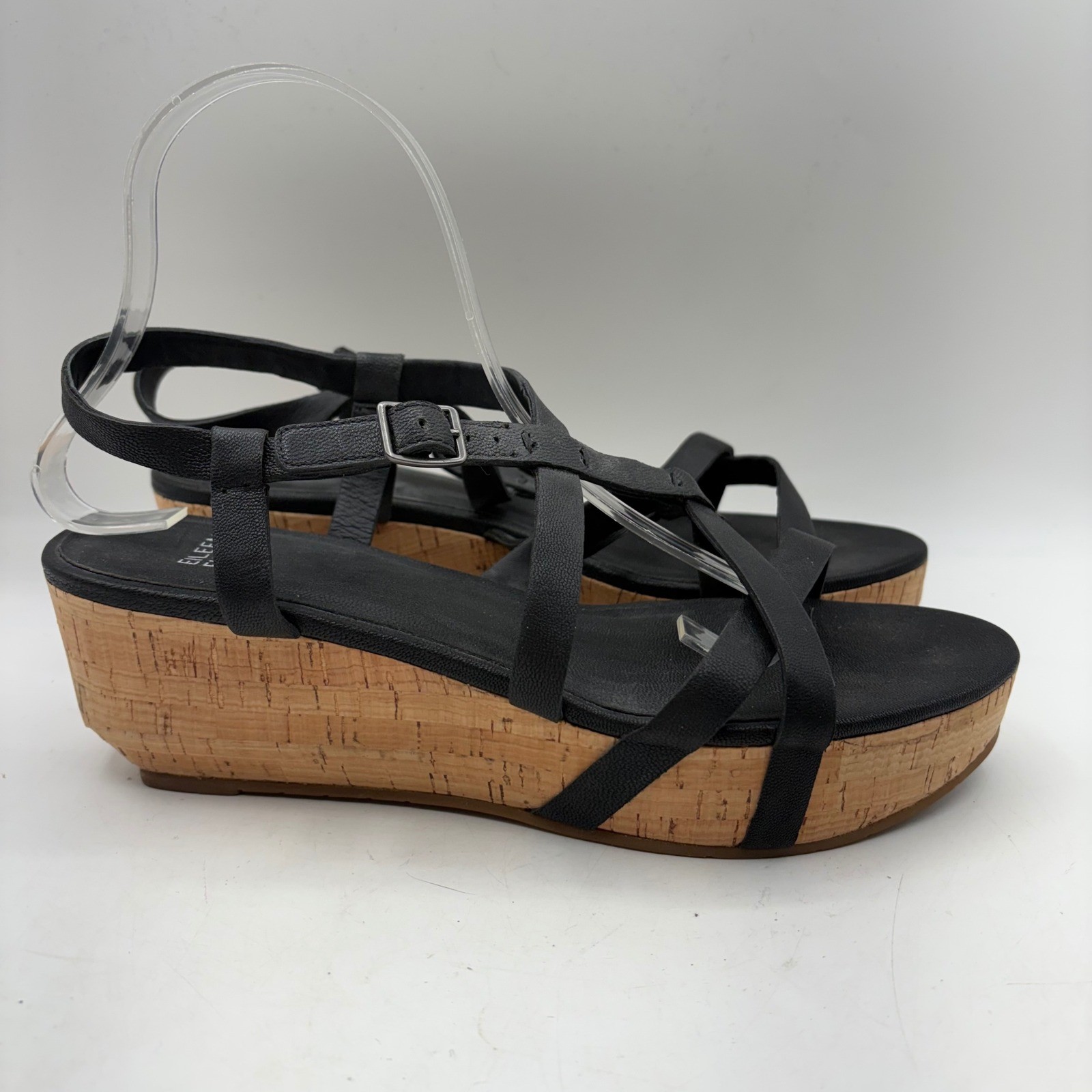 Eileen Fisher Womens Black Leather Cork Platform Wedge Strappy Sandals Size 9.5