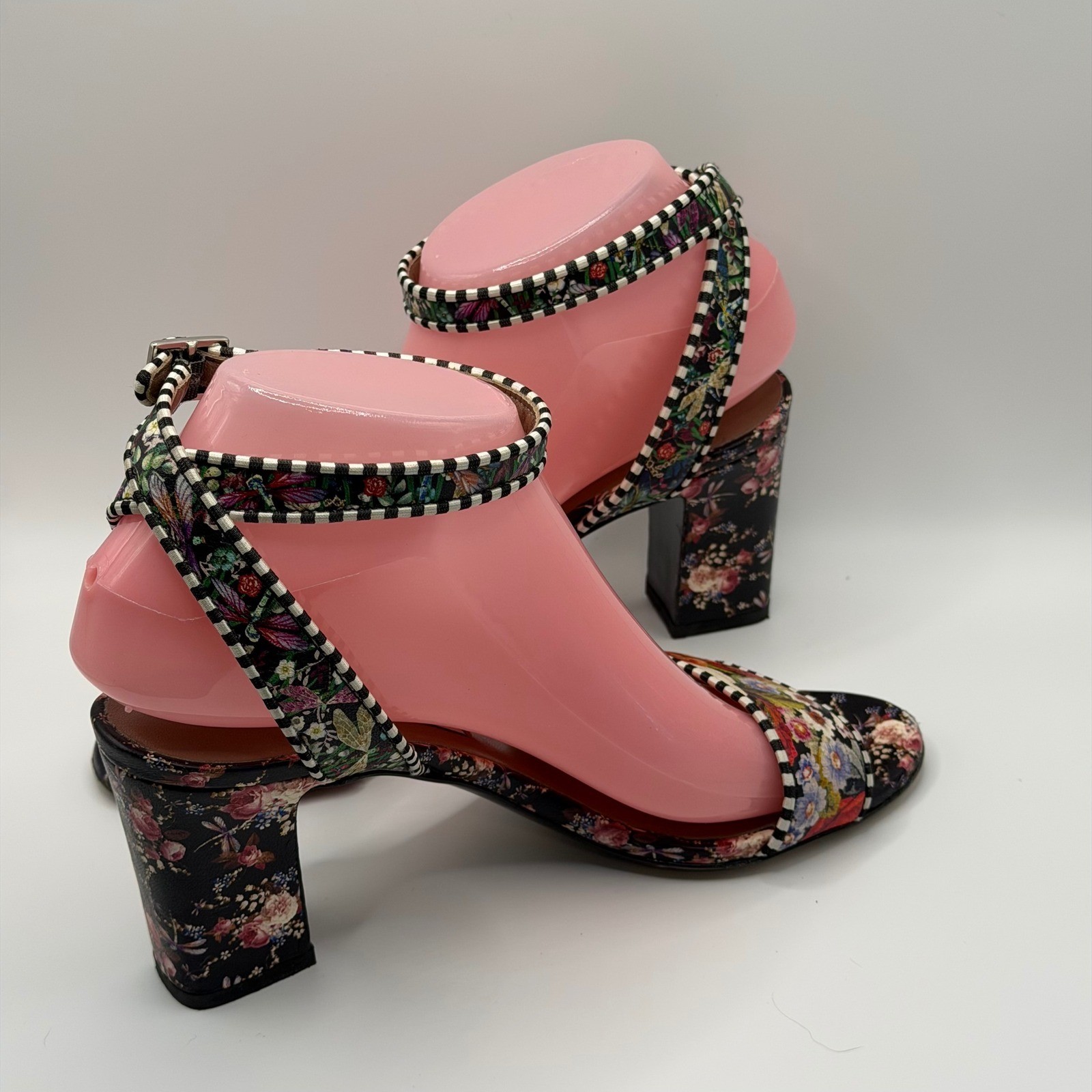 Tabitha Simmons Leticia Floral Block Heel Sandals Striped Trim Size 37