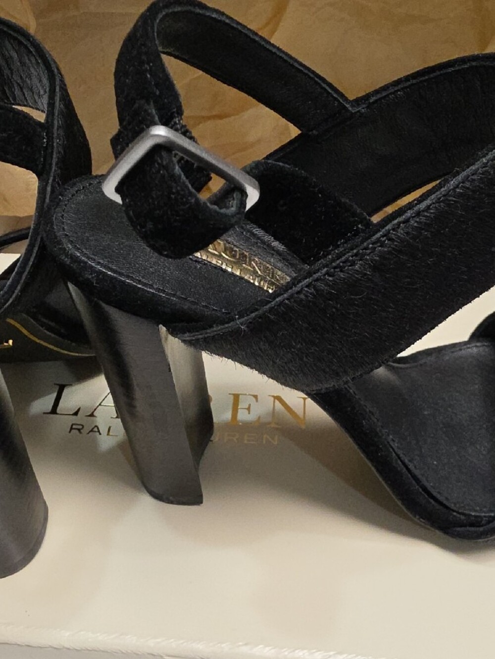 Lauren Ralph LaurenKacia Black Calf-Hair Open-Toe Block Heel Sandal – Size 6B