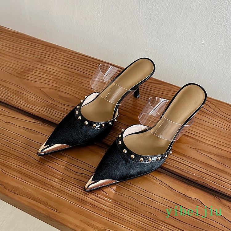 Women‘s Mid Heel Leather Horse Hair Mules Striped Leopard Rivets Dressy Slippers