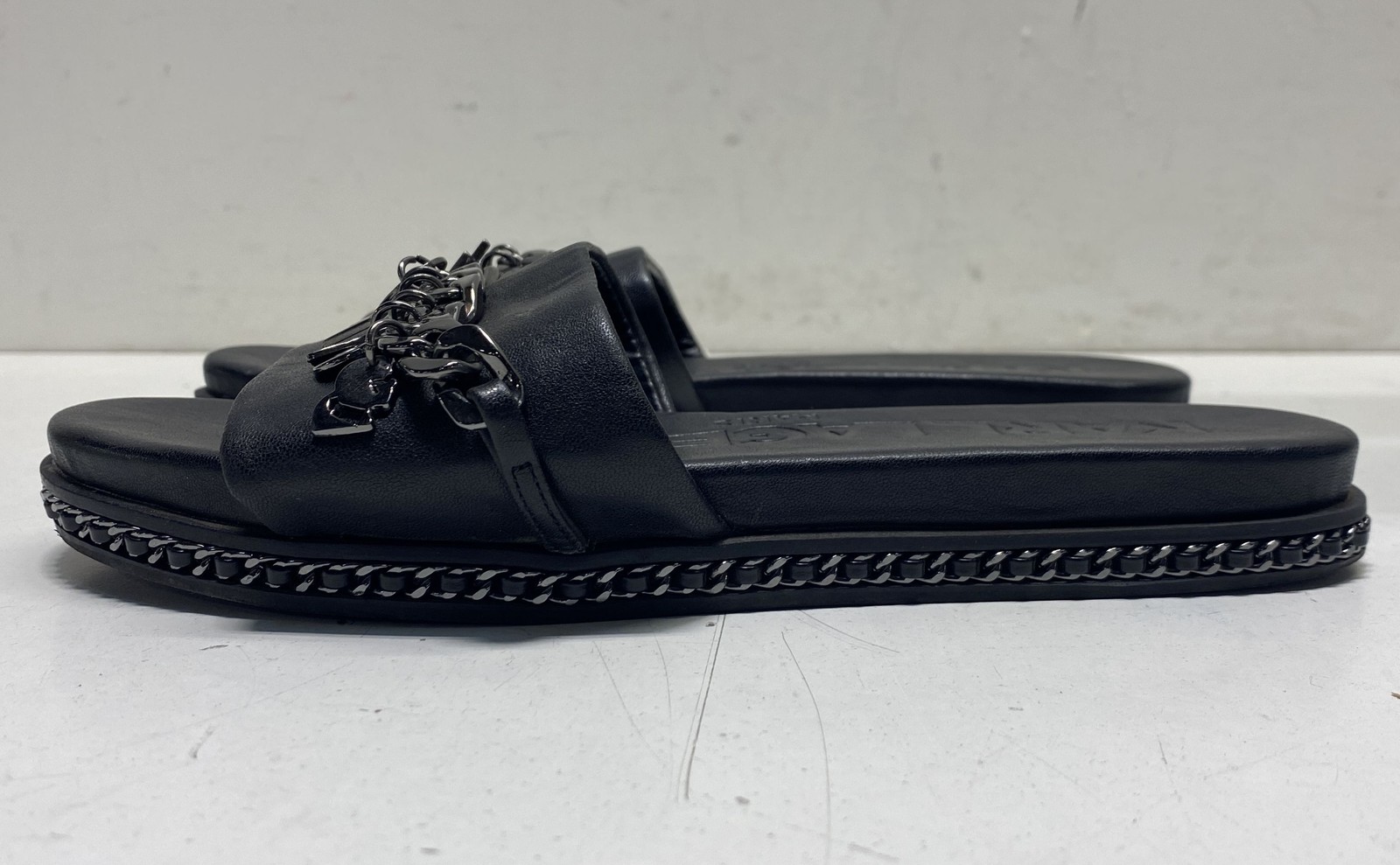 Karl Lagerfeld Paris Basia Charm Black Chain Slide Sandals Women’s Size 7.5