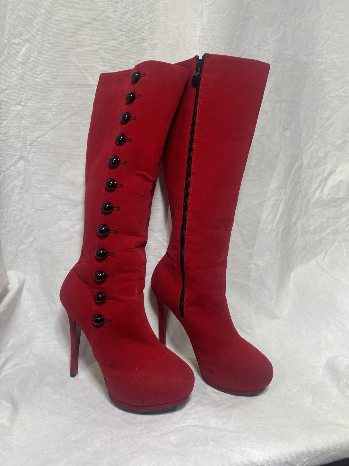Highest Heel Women’s Red Knee High Rhinestone Boots, Pointed Toe Zip size 37/6.5