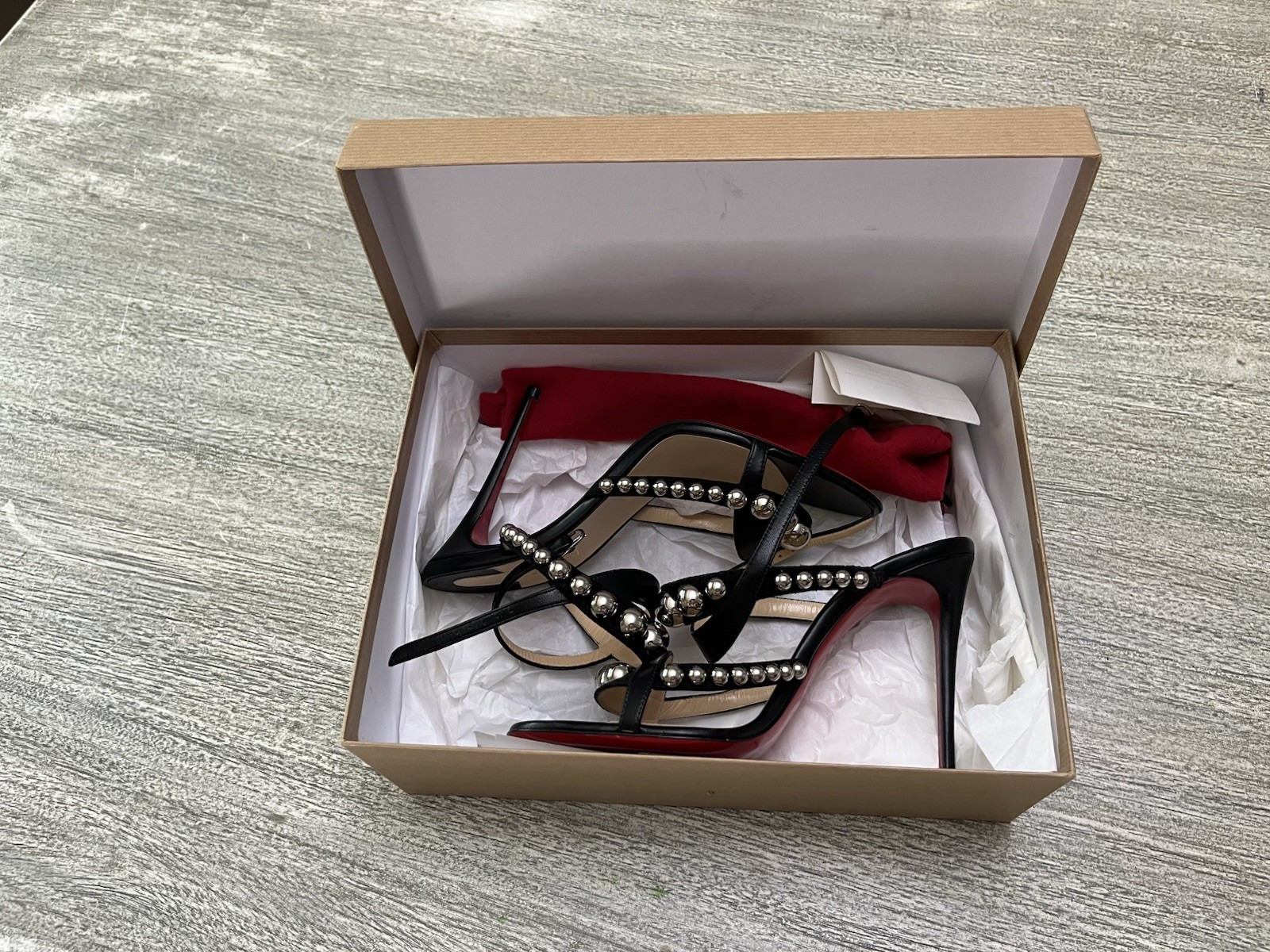 Christian Louboutin Galleria Napa Shiny Black/silver Heeled Sandal W Dome Detail