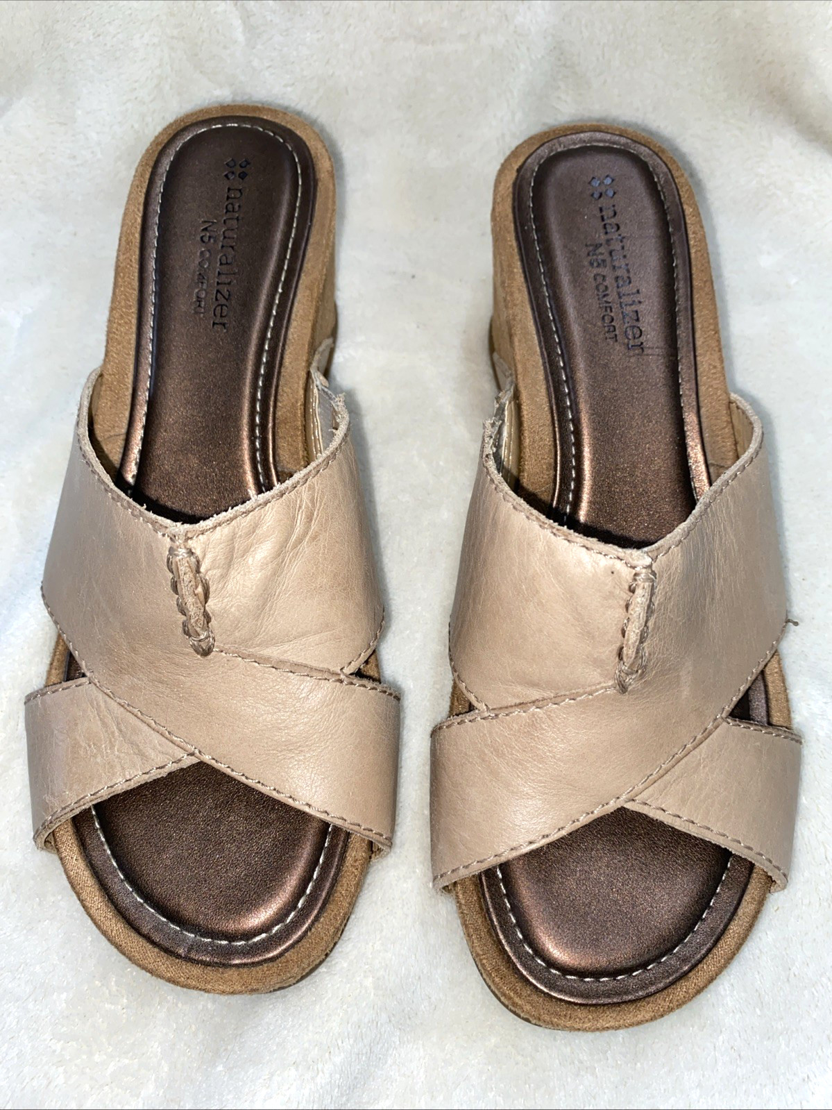 Naturalizer Tan Leather Sandal N5Comfort Slide Wedge Pengo Lined Sz 6.5M #yeb