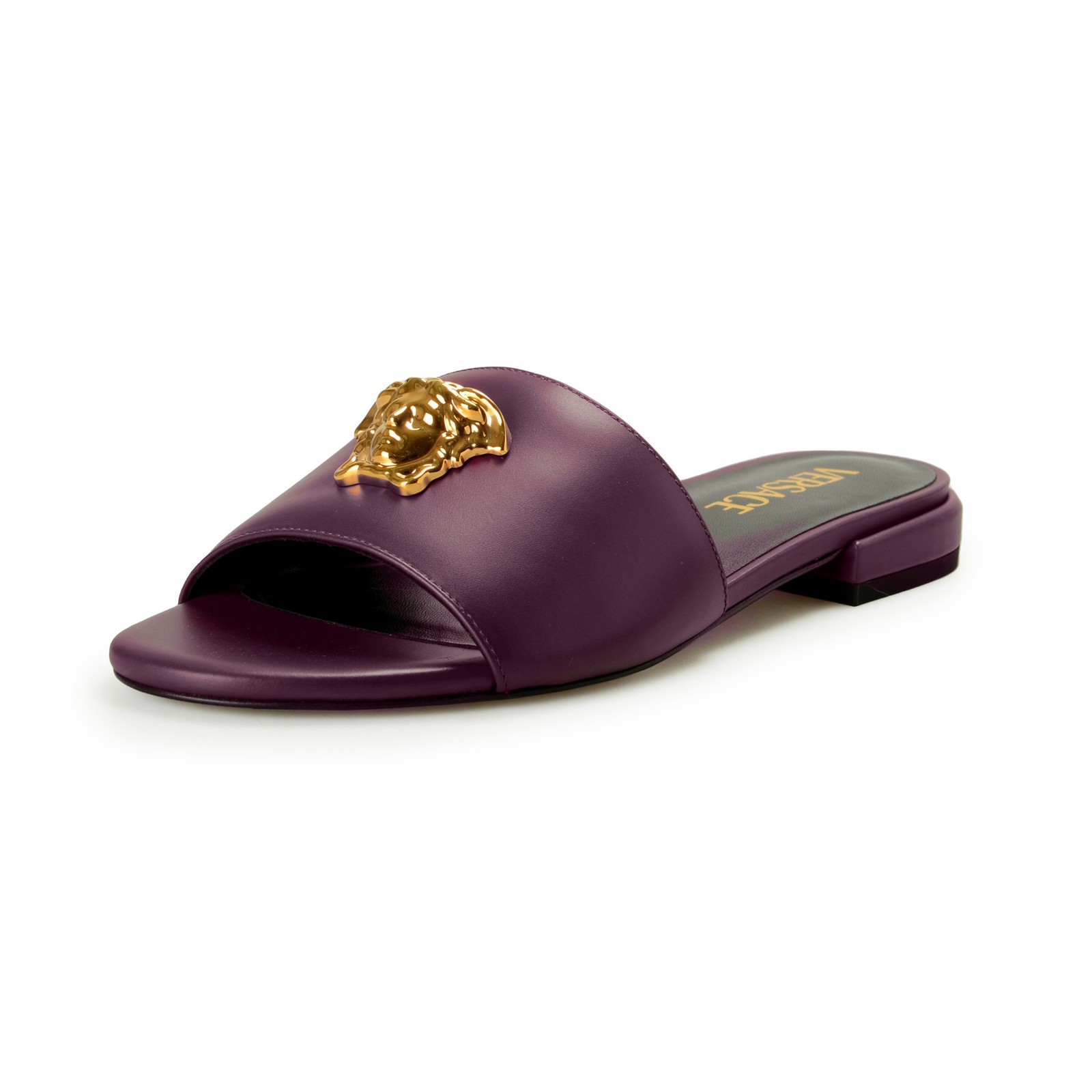 Versace Women’s Plum Purple Gold Medusa Heeled Sandals Mules Shoes US 7 IT 37