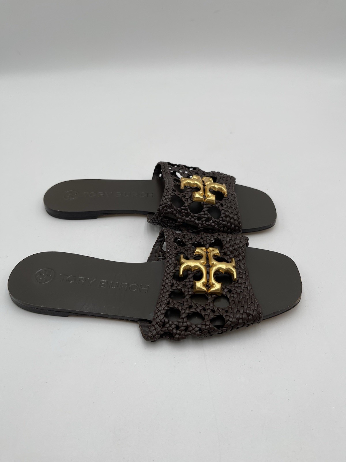 Tory Burch Eleanor Woven Flat Slide Woven Brown Leather Size 6M
