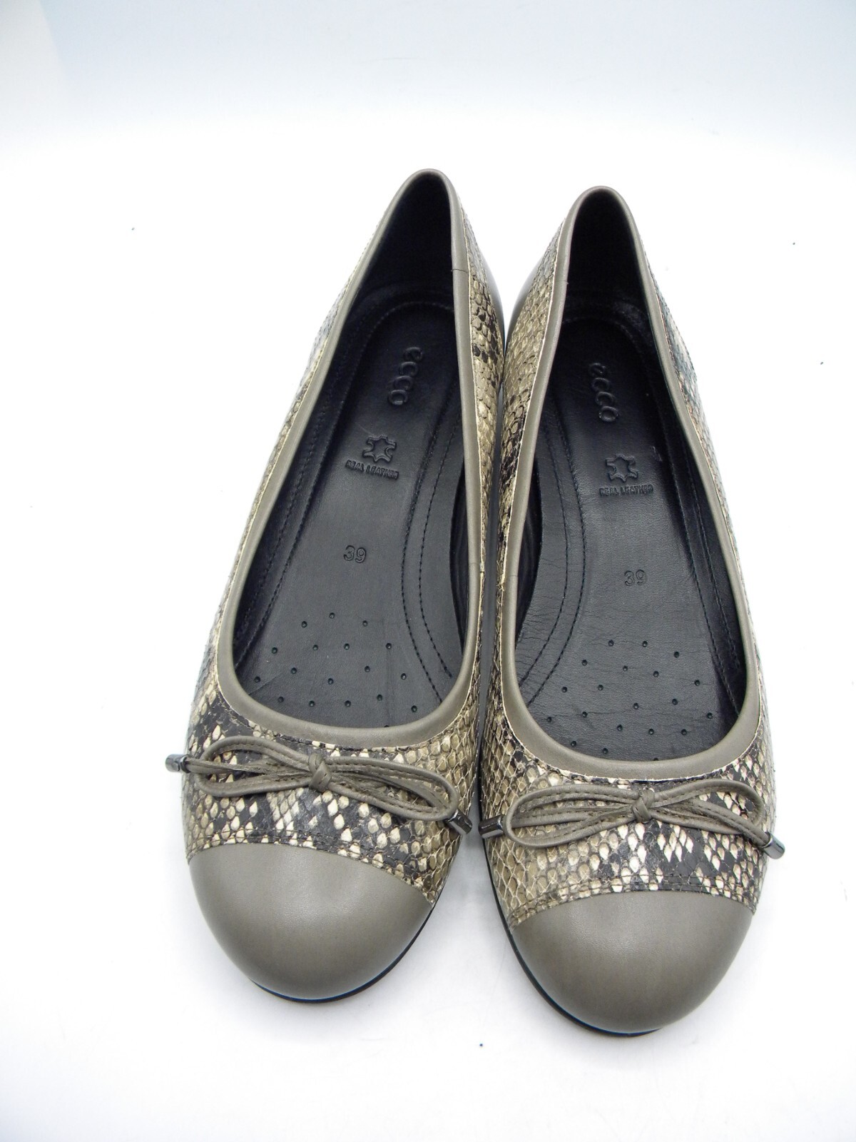 ECCO Touch Ballerina Snake Print Leather & Sage Cap Toe Ballet Flat Sz 39 NEW