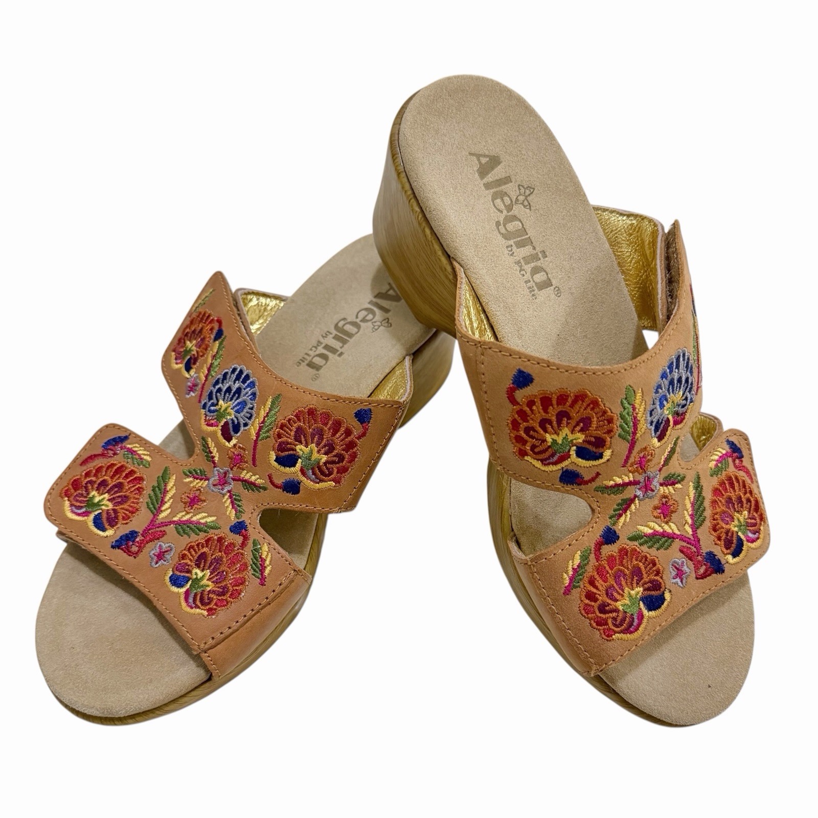 Alegria Linn Summer Sandals Boho Wedge Floral Tan Leather US 6 6.5 EU 36
