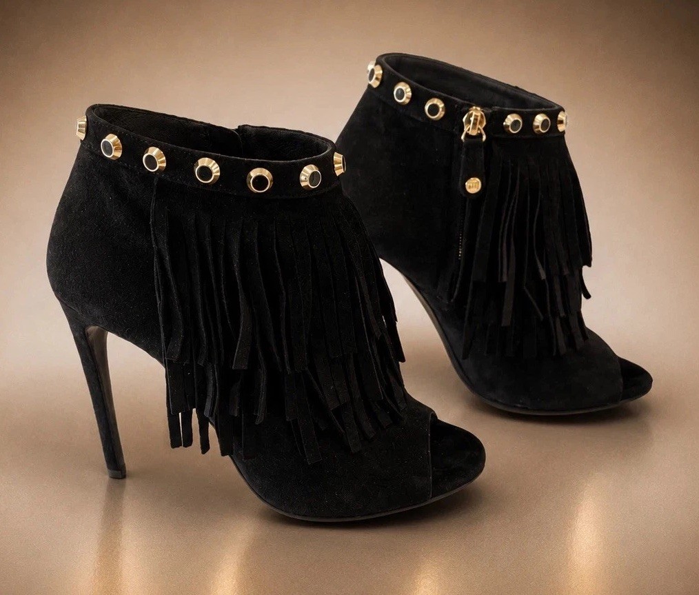 NEW Ballin Black Suede Fringe Studded Peep Toe Stiletto Ankle Bootie