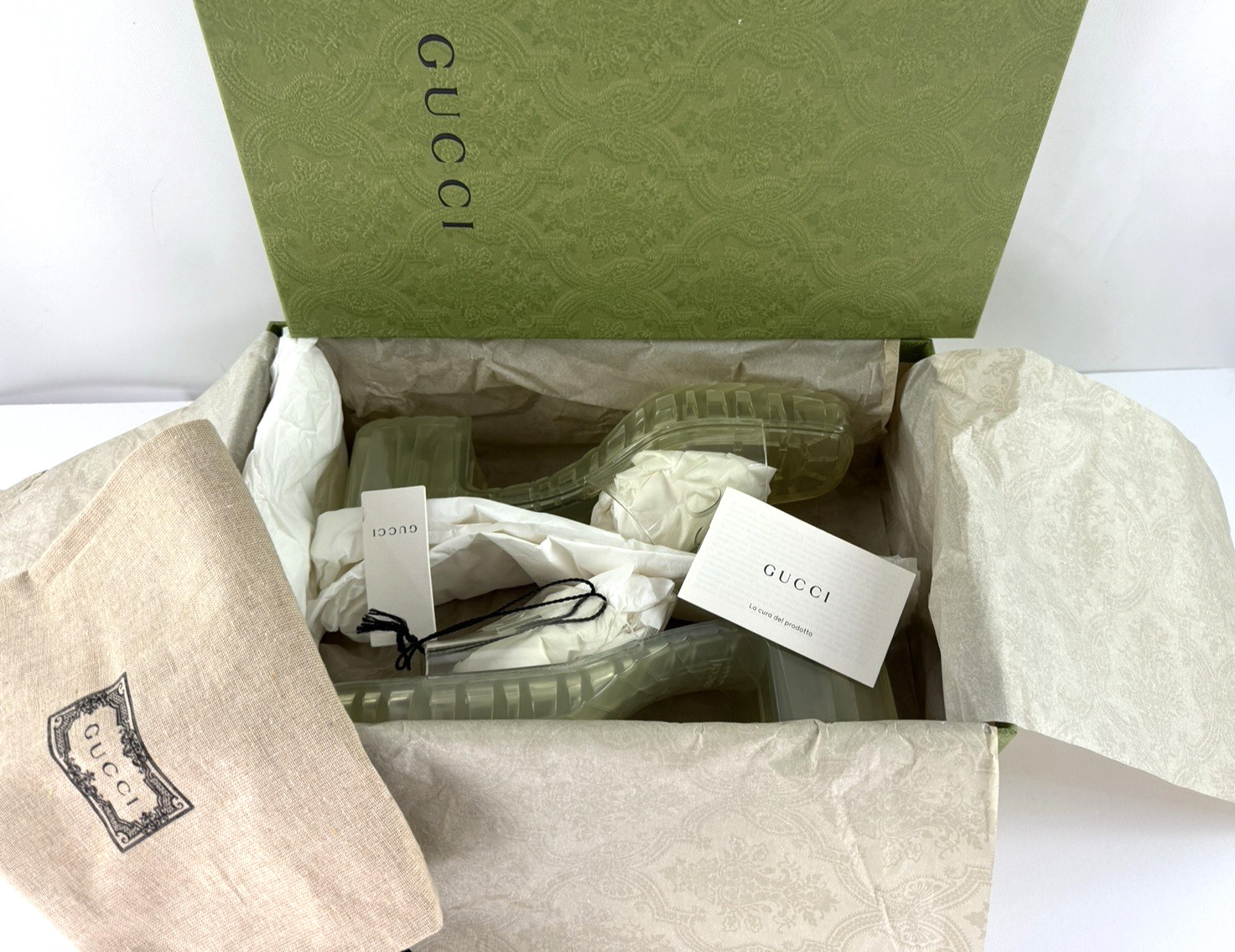 Gucci NIB $450 Auth 8 US 38 EU Logo Rubber Platforms Slides Sandals Shoes Bag