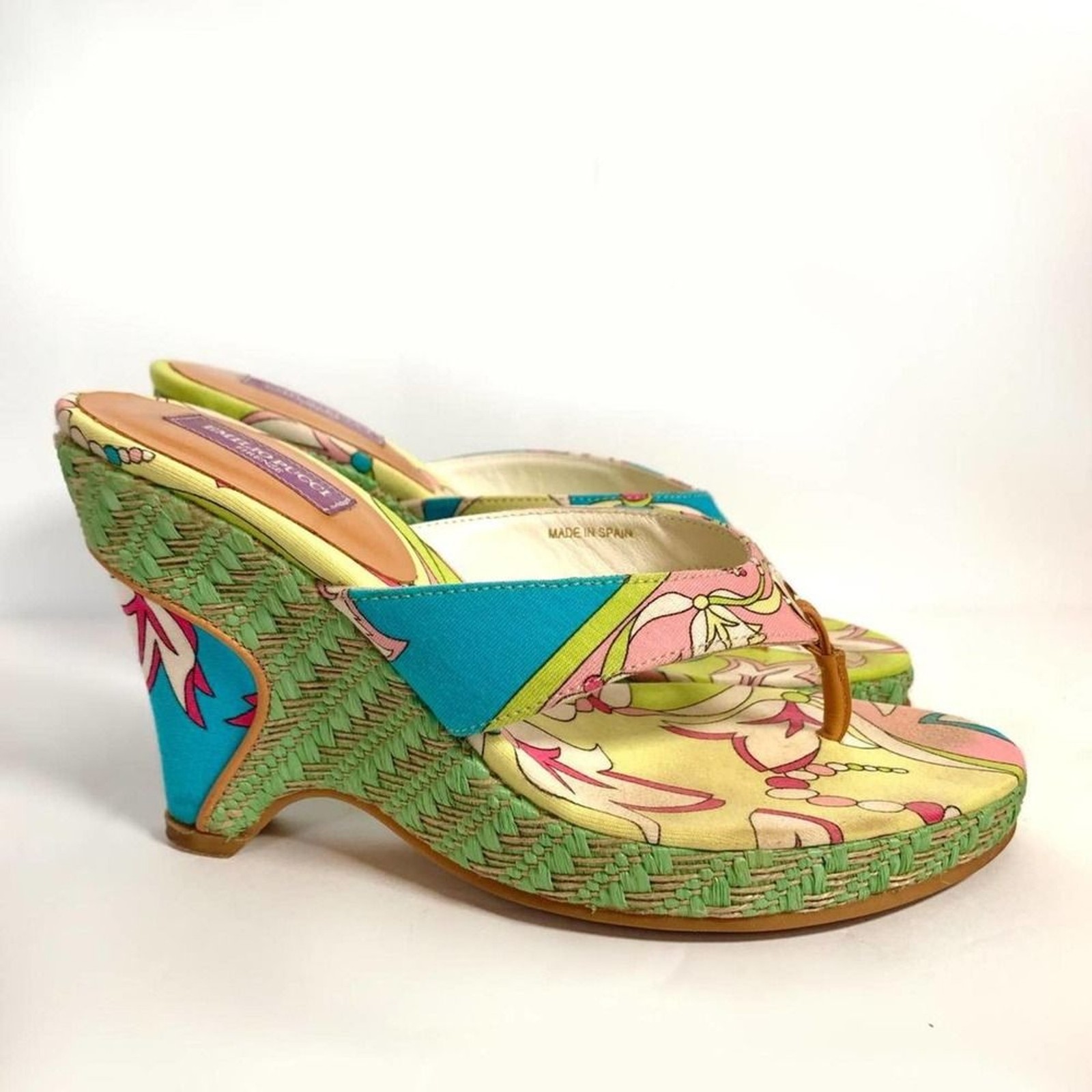Emilio Pucci Abstract Psychedelic Multicolo Heeled Flip Flop Wedges Size 35
