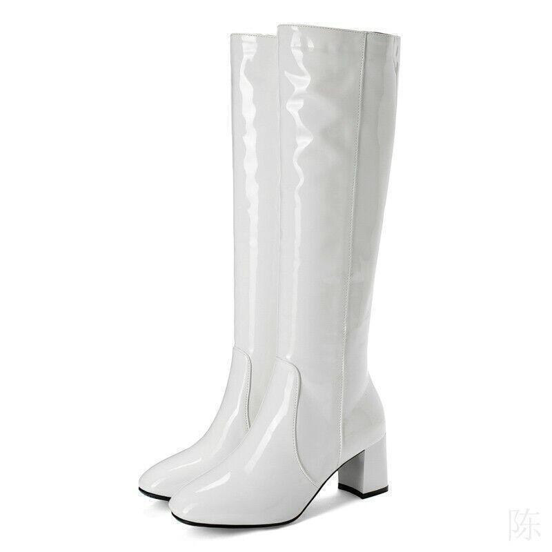 Chic Womens Casual Side Zip Faux Leather Mid Heels Riding Knight Knee High Boots