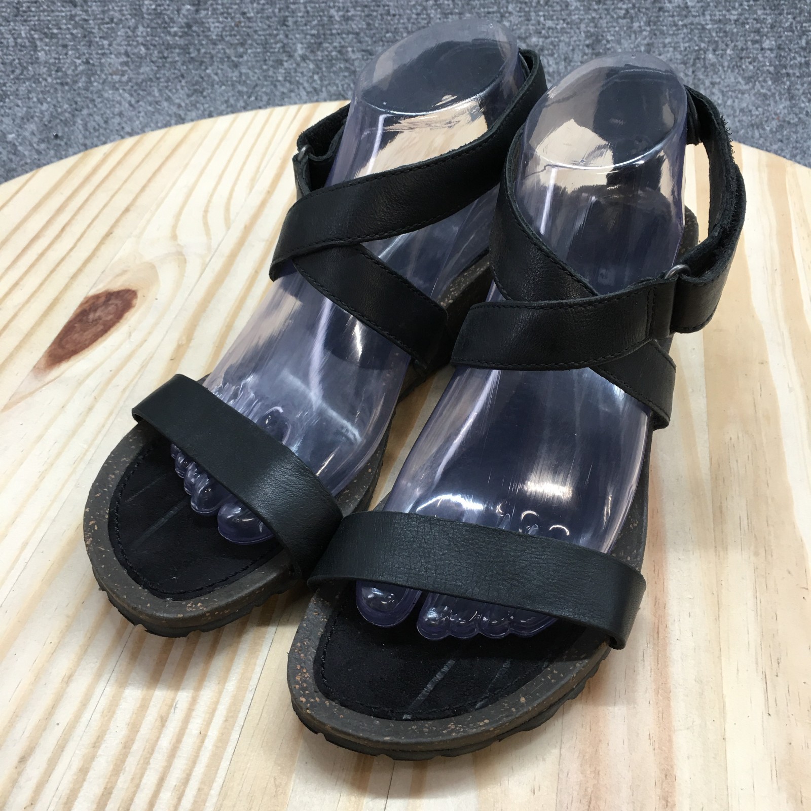 Teva Sandals Womens 9 M Strappy Black Leather Slip On Open Toe Wedge 1007732