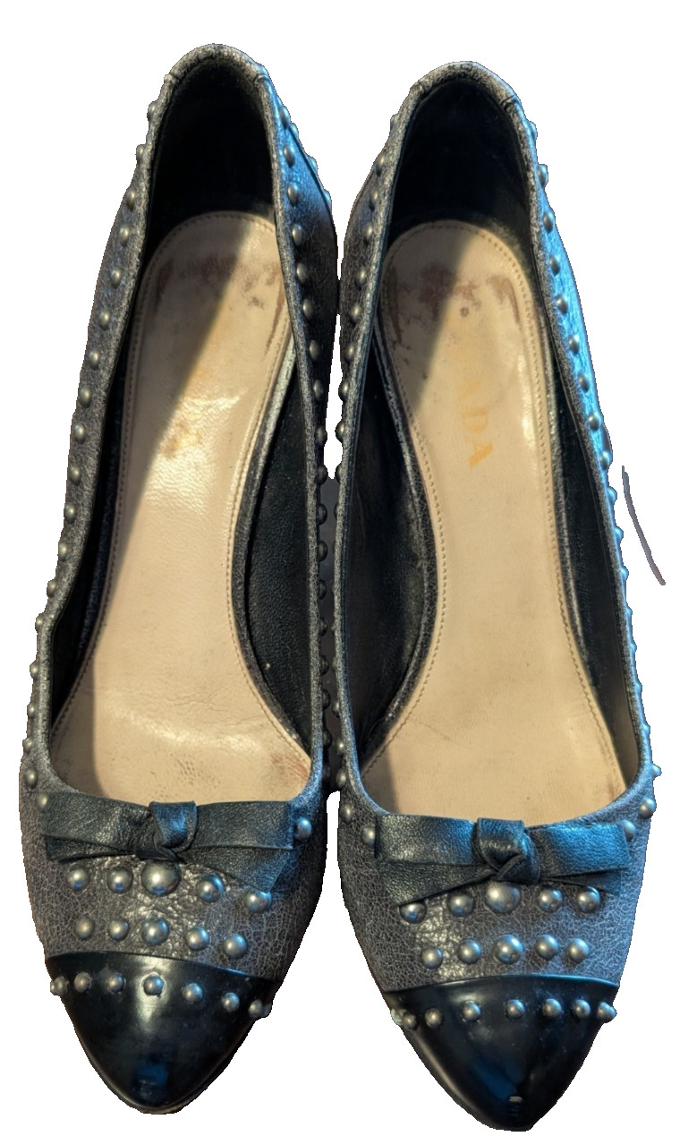 PRADA Black & Silver Studded Heels Pumps Made in Italy Size 37