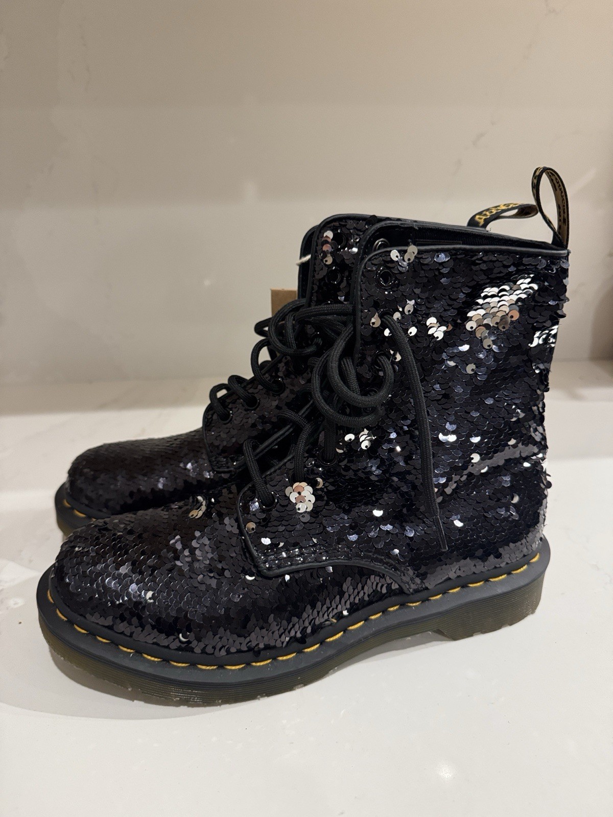 Dr. Doc Martens 1460 Pascal Sequin 8-Eye Boots Black/Silver, Size 7L