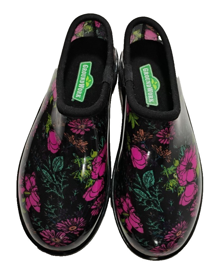 Ground Work Womens Garden Clogs Black Floral Waterproof Shoes Size 9 LKNEW