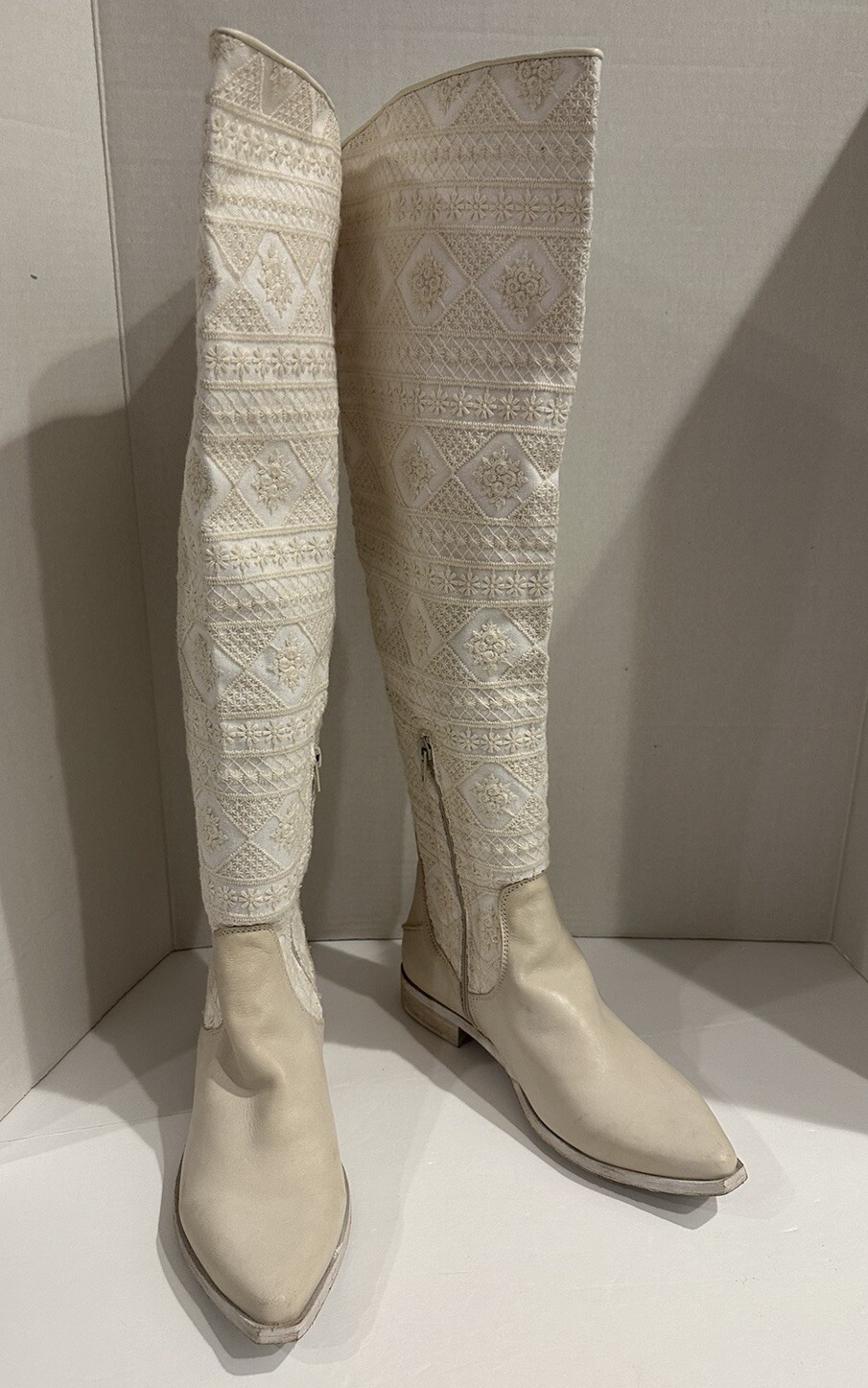 FREE PEOPLE Bren Ecru Slouch Boots Textile/Leather US 10 / EU 40 NEW Retail $298