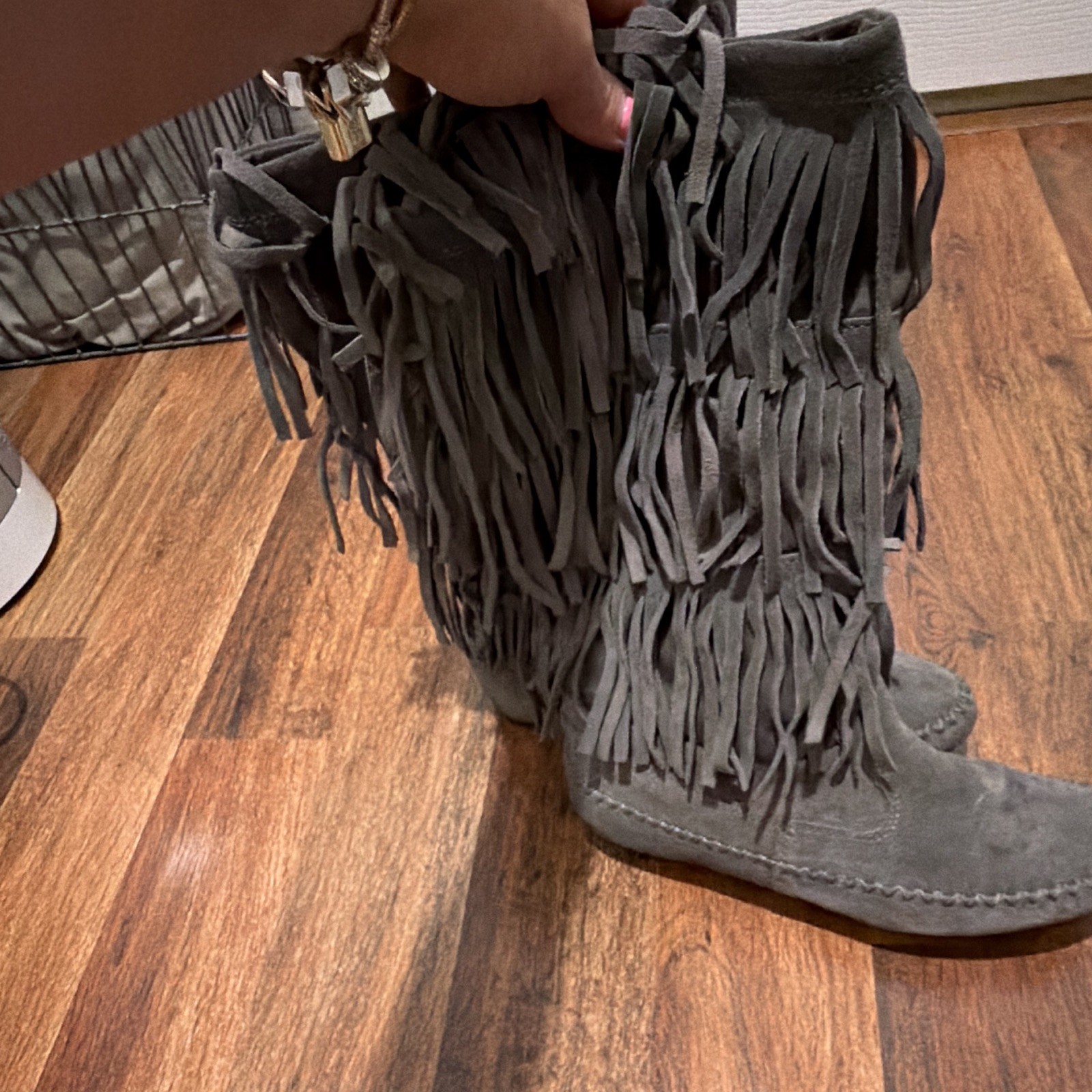 LC Lauren Conrad Gray Suede Western Mid-Calf Fringe Boots Round Toe Women’s 7
