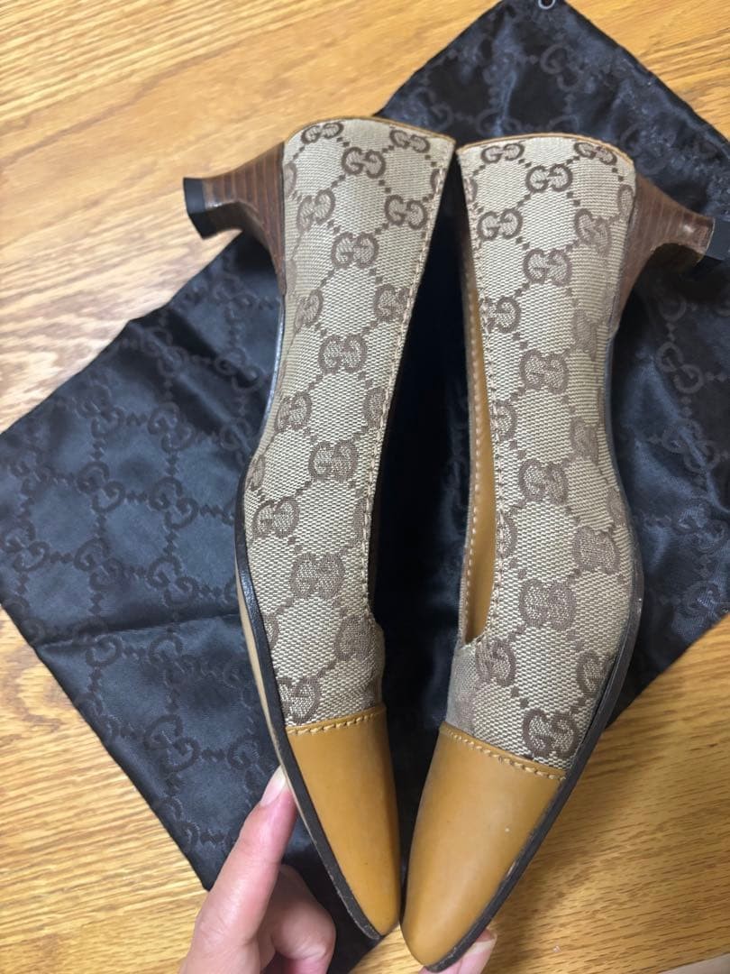 GUCCI Pumps 23cm Beige GG Canvas Leather Square Toe High Heels