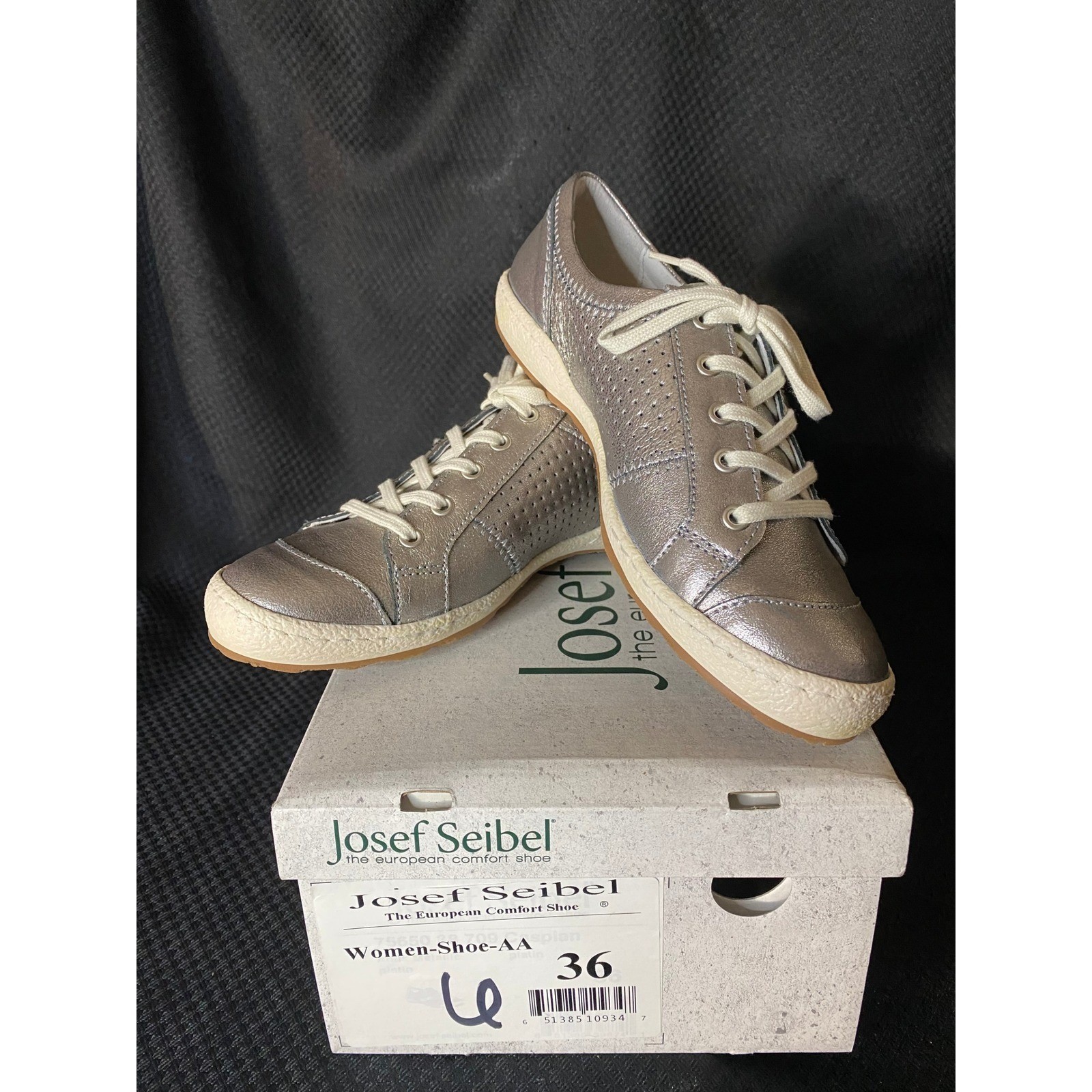 Josef Seibel Womens Caspian Metallic Silver Leather Sneakers Size 37 – 6 1/2 NEW