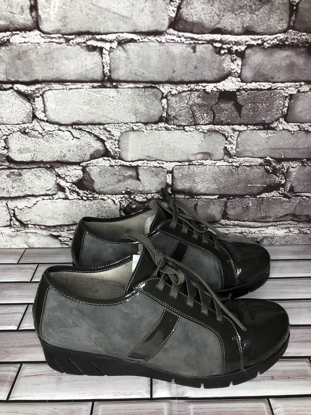 Charly Fox Gray Suede Patent Leather Lace Up Casual Wedge Shoes Women 39EU/8.5US