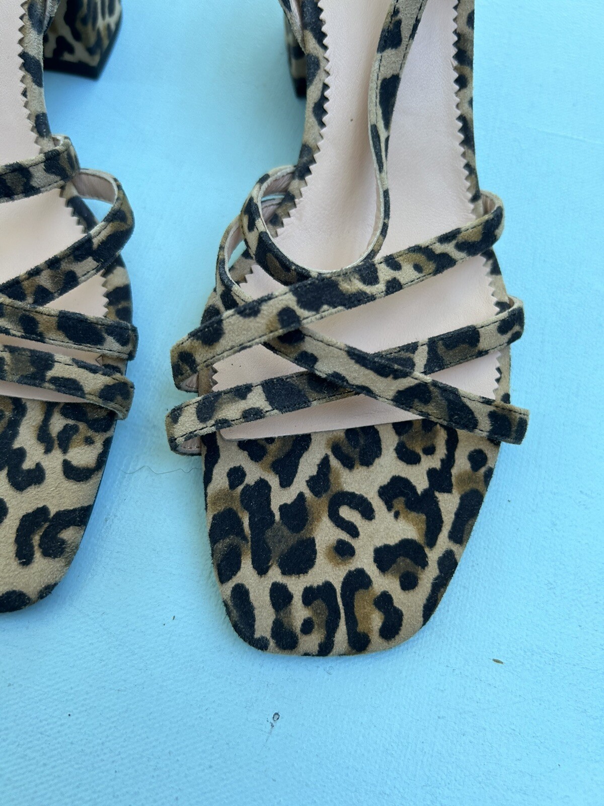 J Crew Odette Shoes 7 Leopard Print Sandals Block Heels Beige Black Tan Strappy