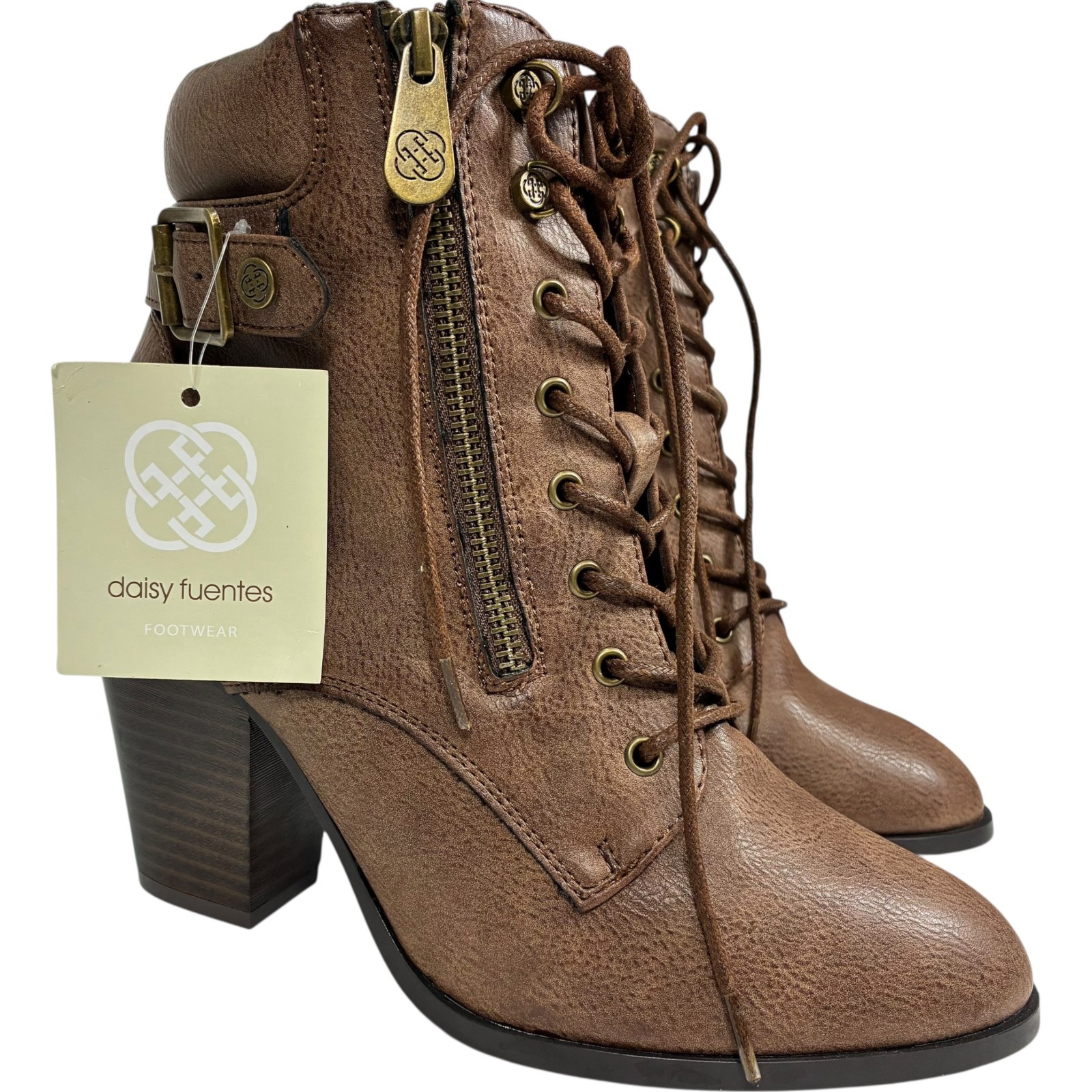 Daisy Fuentes Calida Brown PU 3.5in Block Heel Zip Ankle Booties womens size 9W